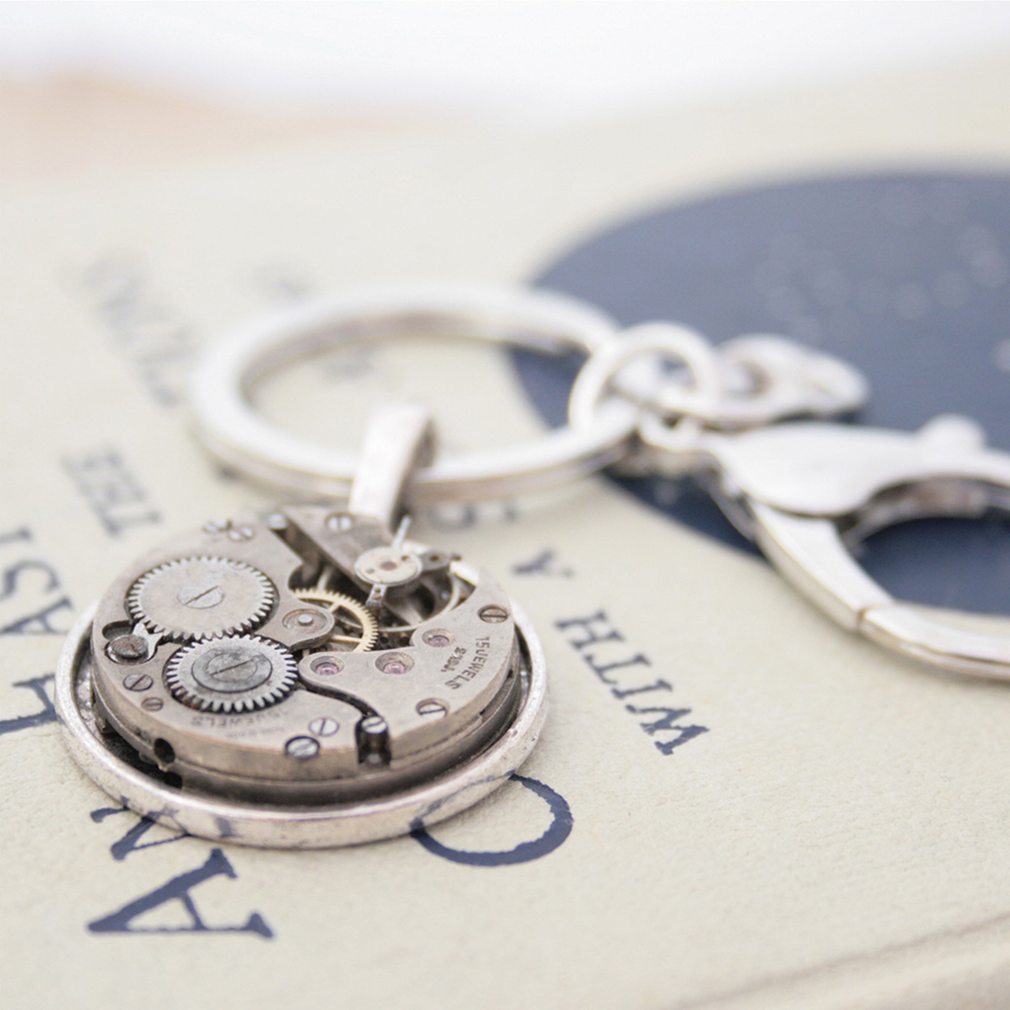 Steampunk keychain made of Swiss watch movement