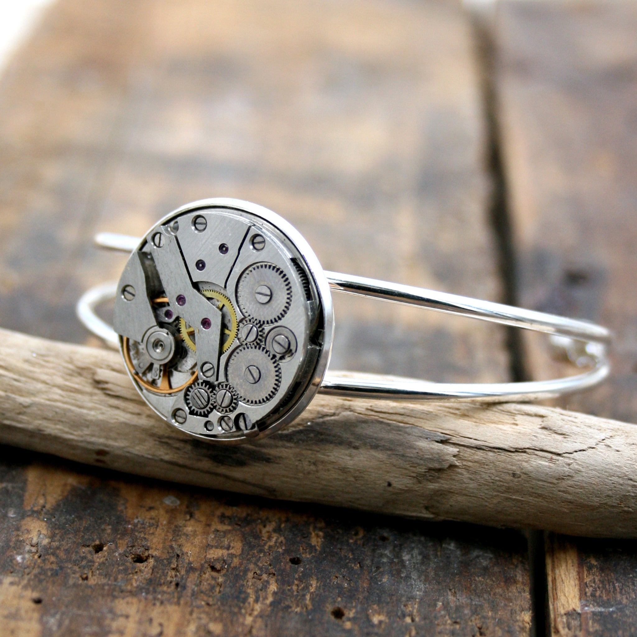 Steampunk open bangle bracelet in silver tones