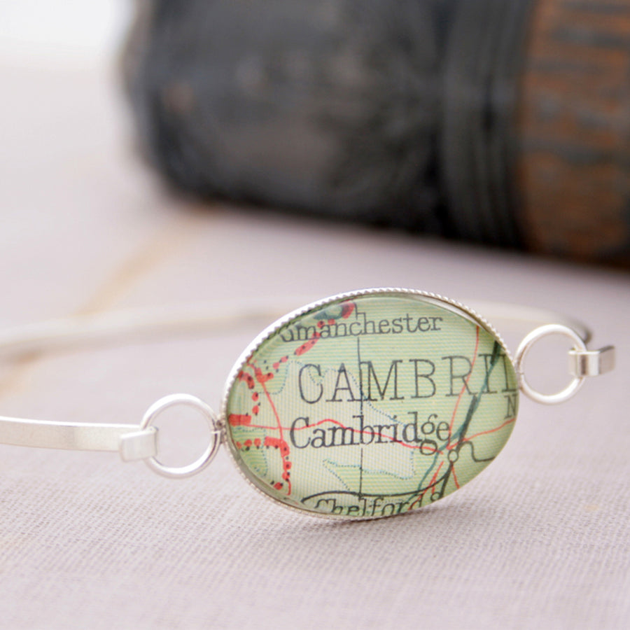 Sterling silver bangle bracelet featuring map of Cambridge