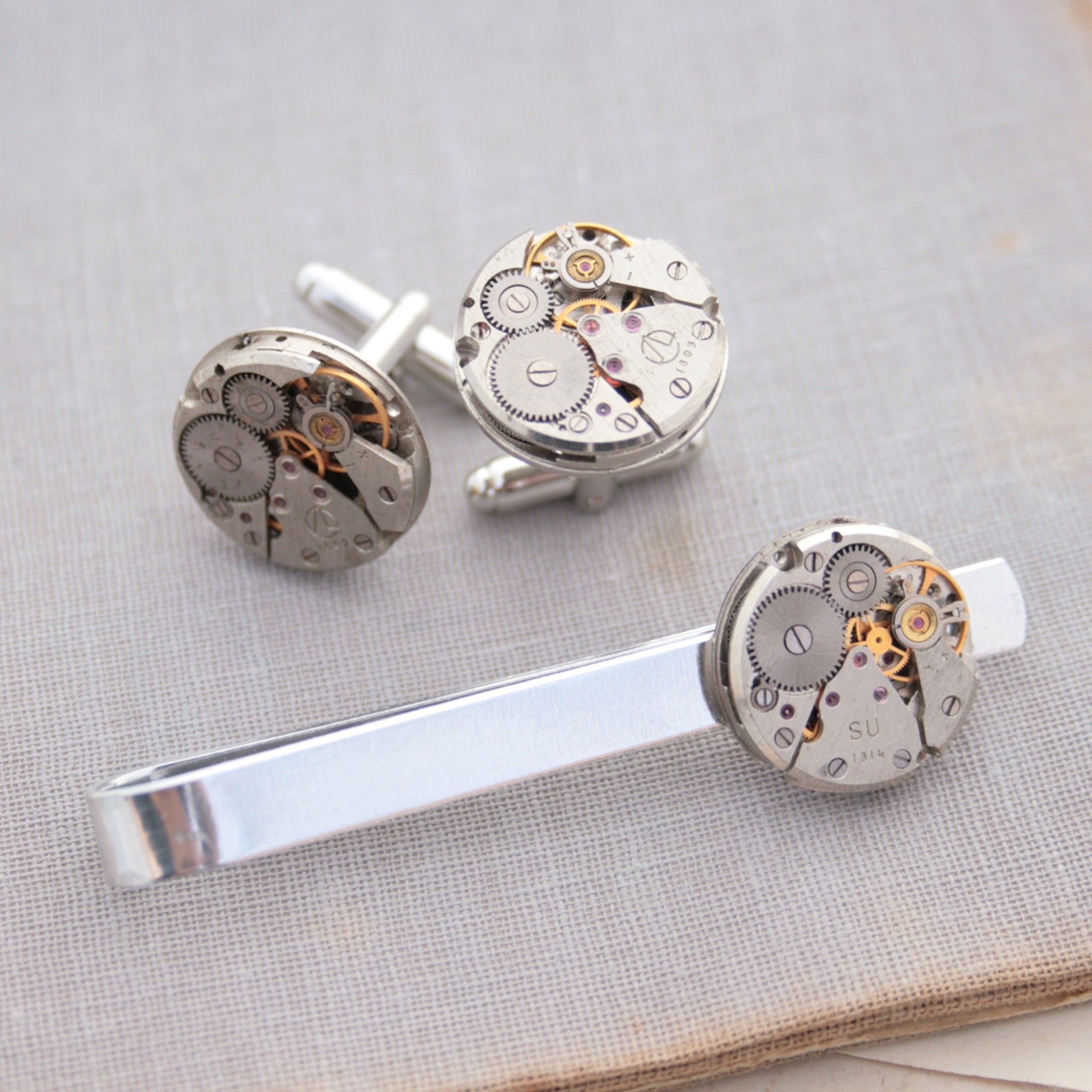 Steampunk Watch Movement Tie Clip and Cufflinks Set