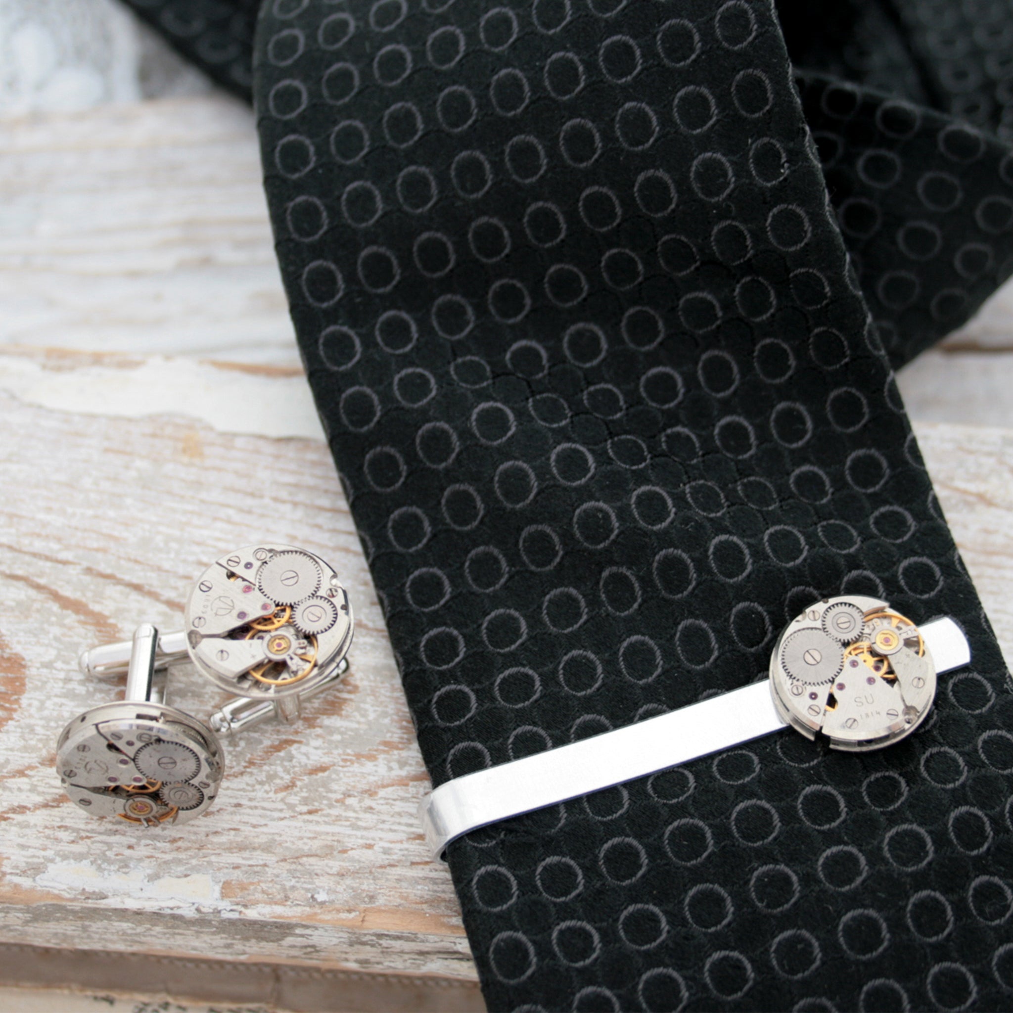 Steampunk Watch Movement Tie Clip on a tie and Cufflinks Set
