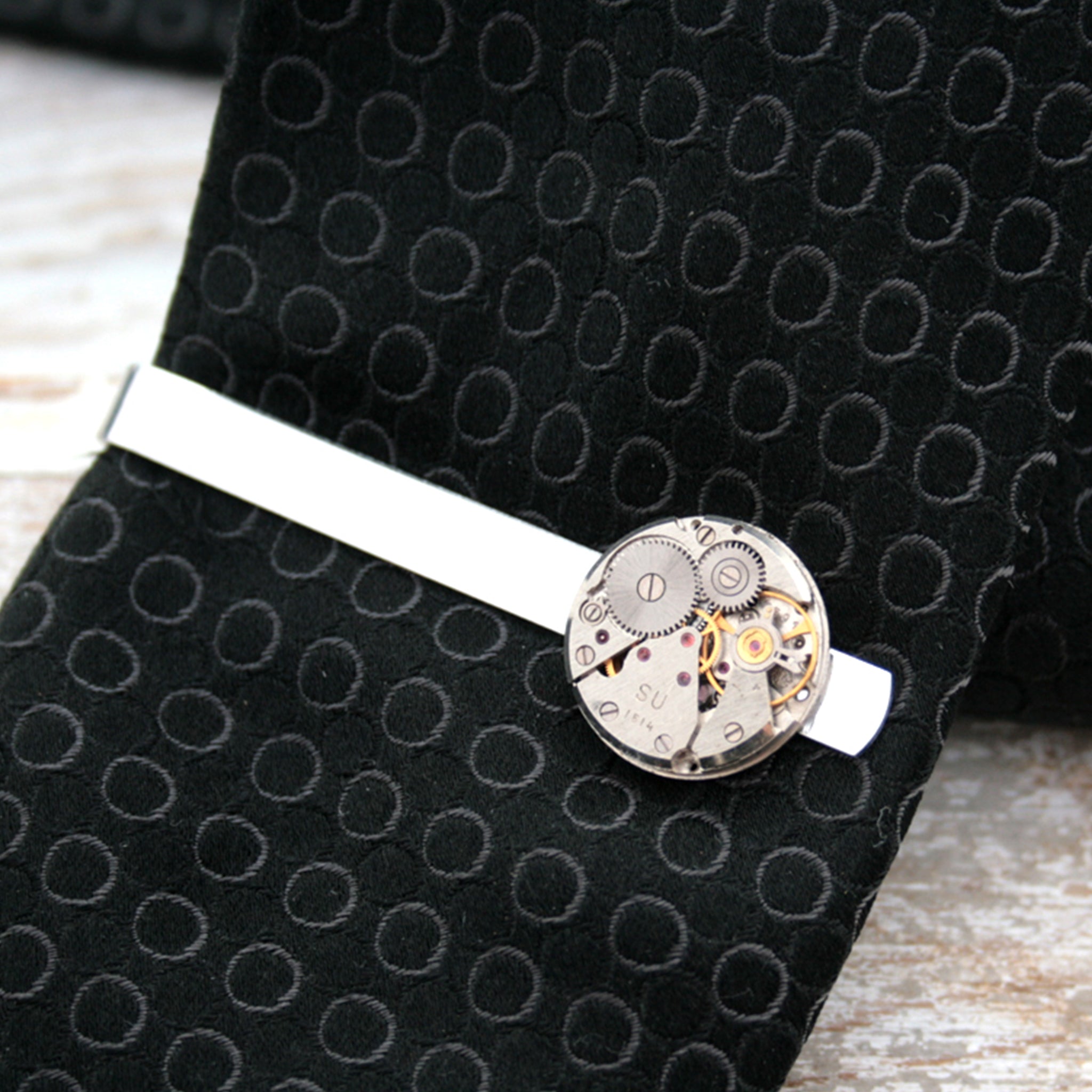 Steampunk Watch Movement Tie Clip on a tie