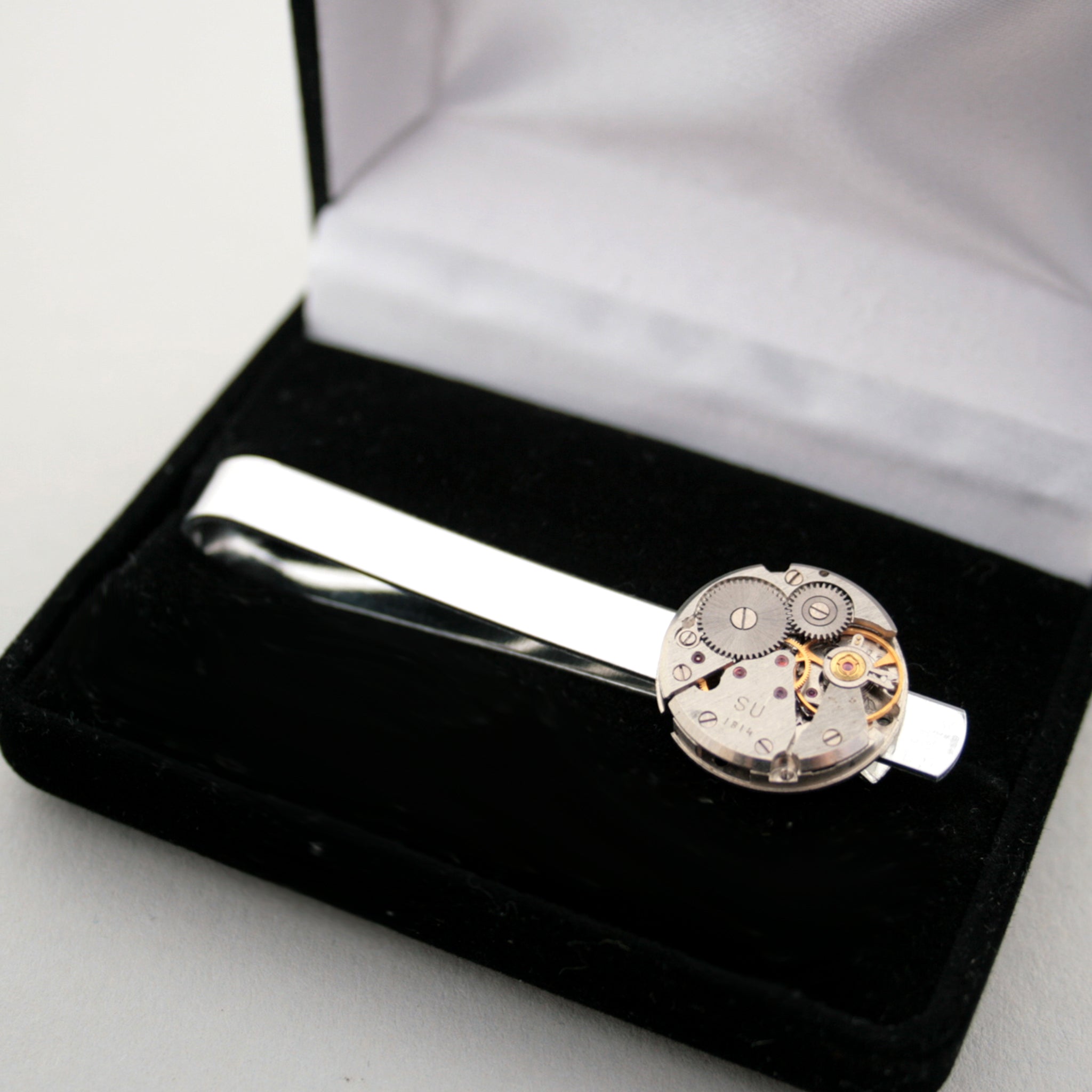 Steampunk Watch Movement Tie Clip in presentation box