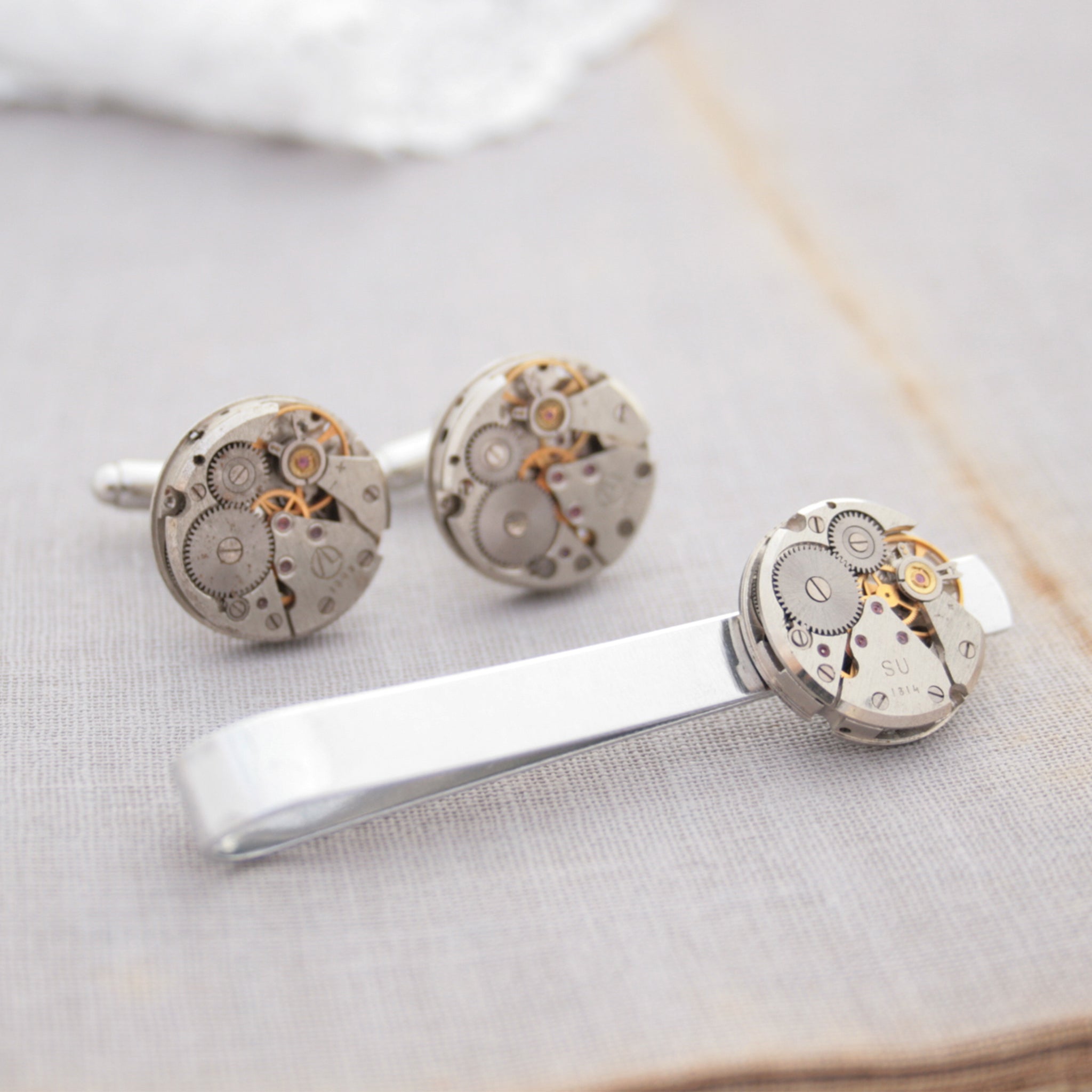 Steampunk Watch Movement Tie Clip and Cufflinks Set