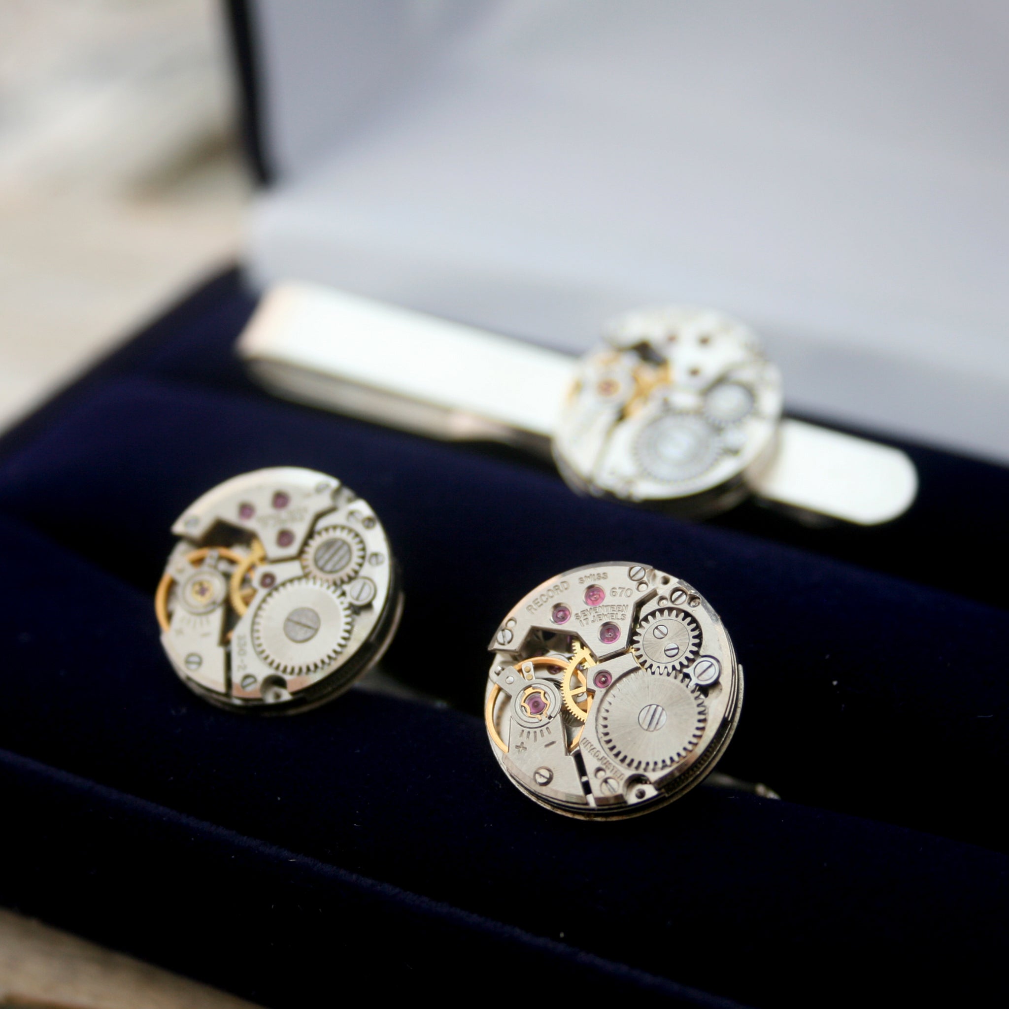 Steampunk Sterling Tie Clip and Cufflinks Set
