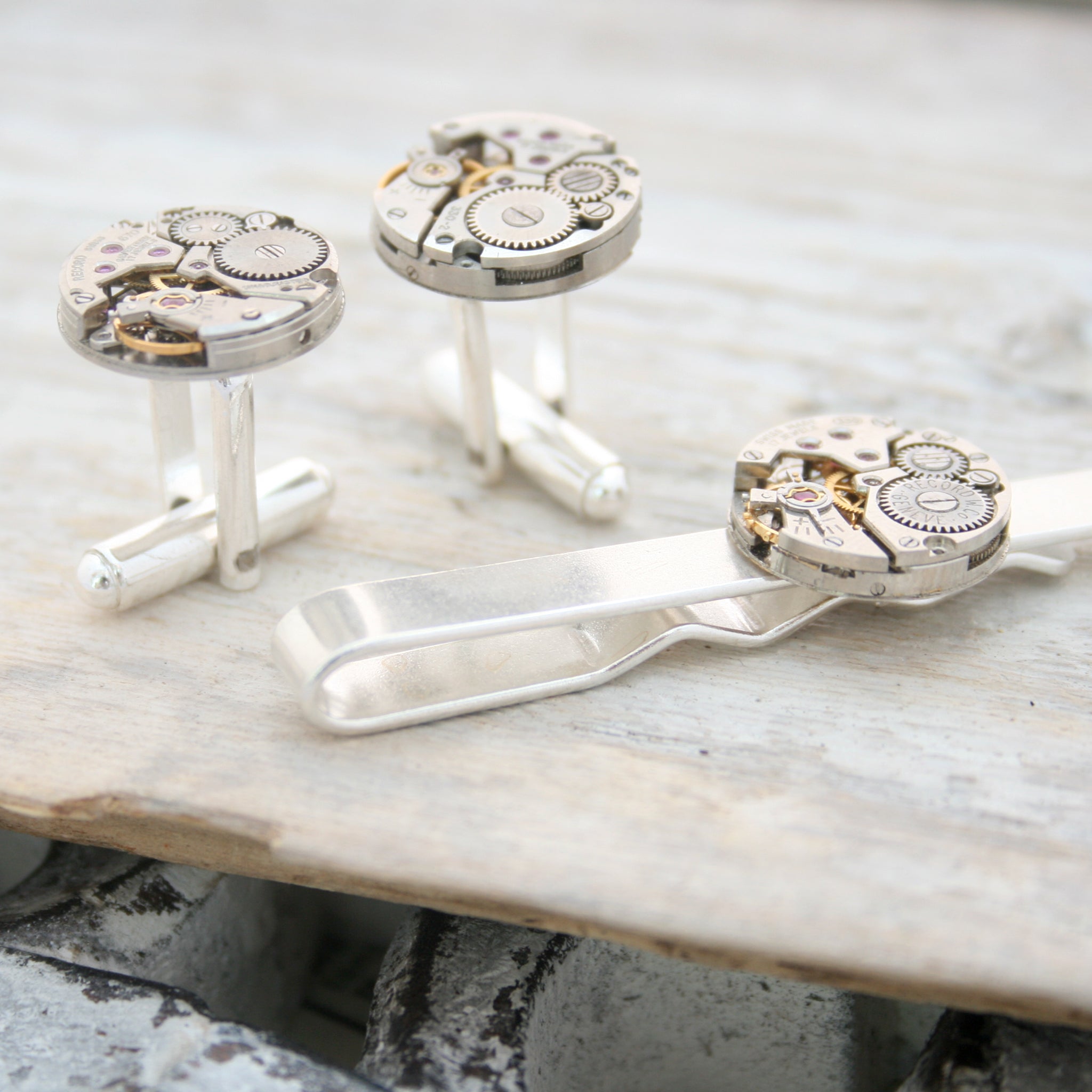 Steampunk Sterling Tie Clip and Cufflinks Set