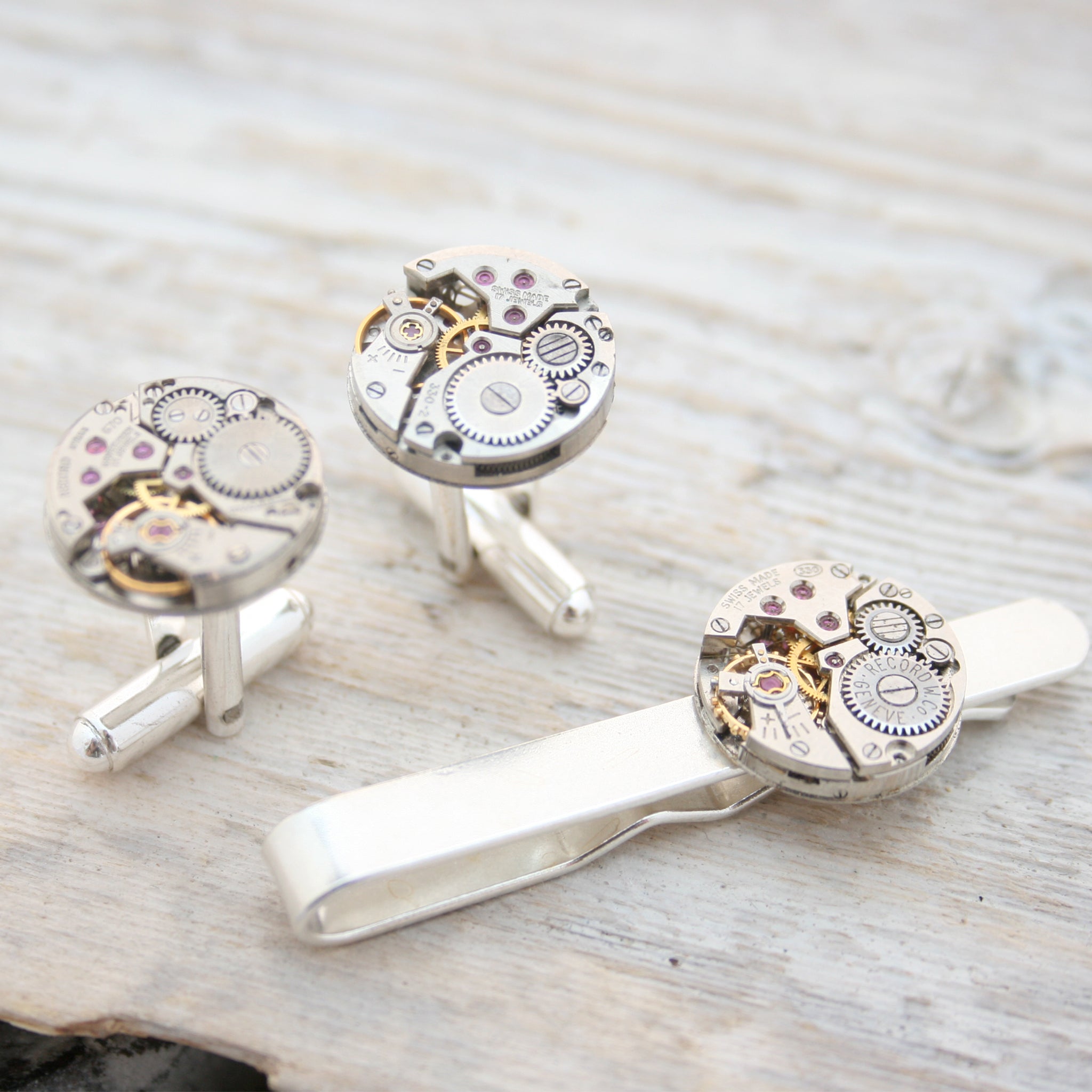 Steampunk Sterling Tie Clip and Cufflinks Set