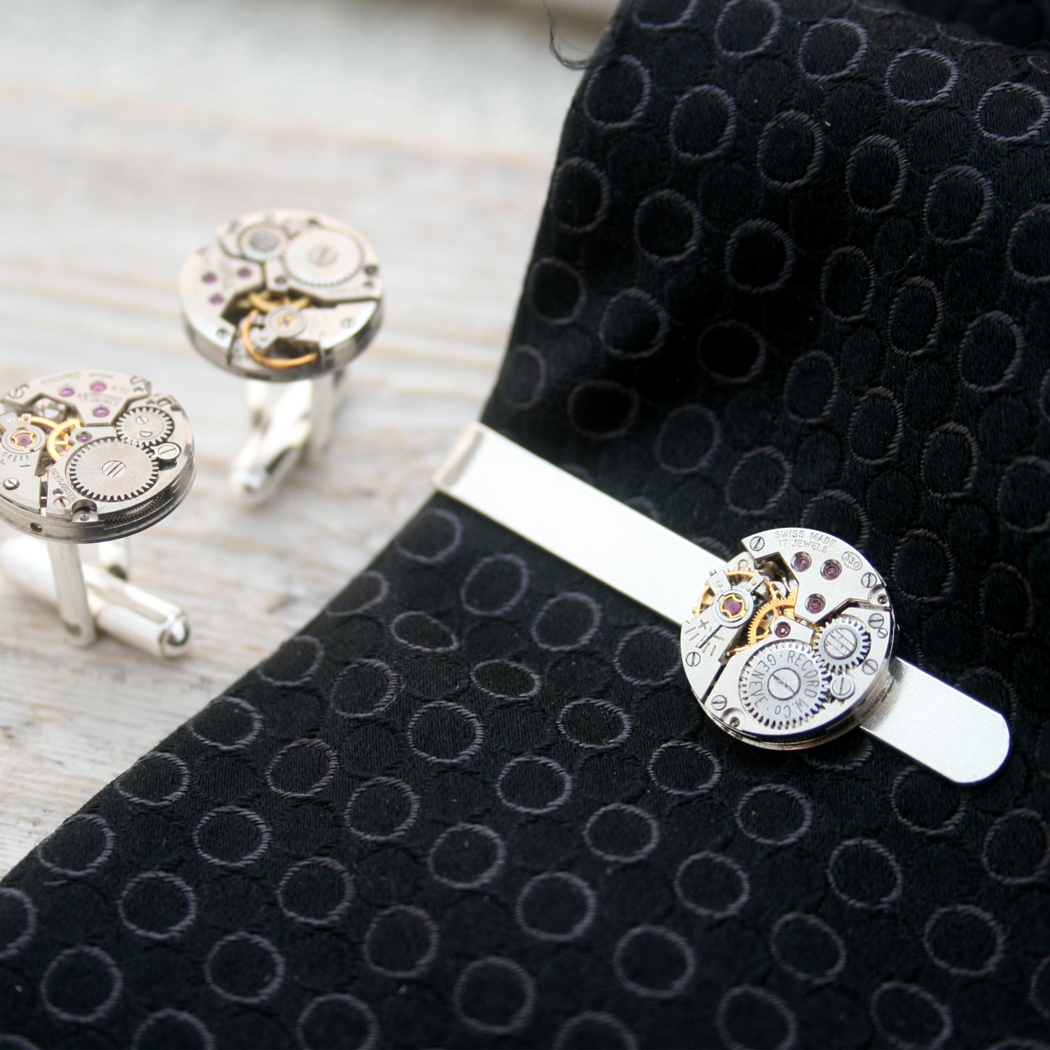 Steampunk Sterling Tie Clip and Cufflinks Set