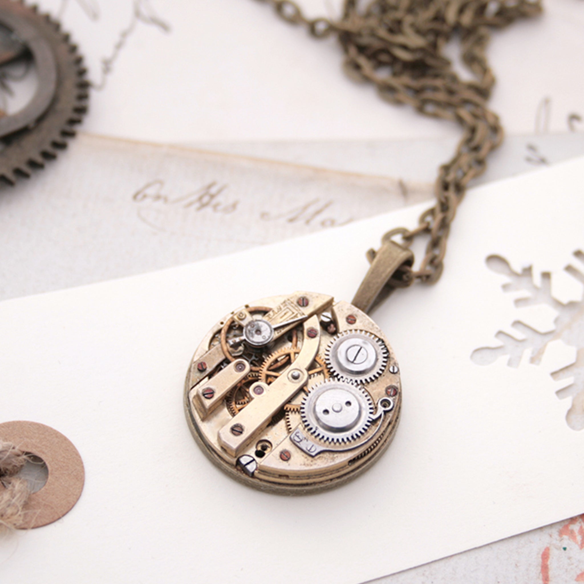 Unique Pendant Necklace with Watch Mechanism in Steampunk Style