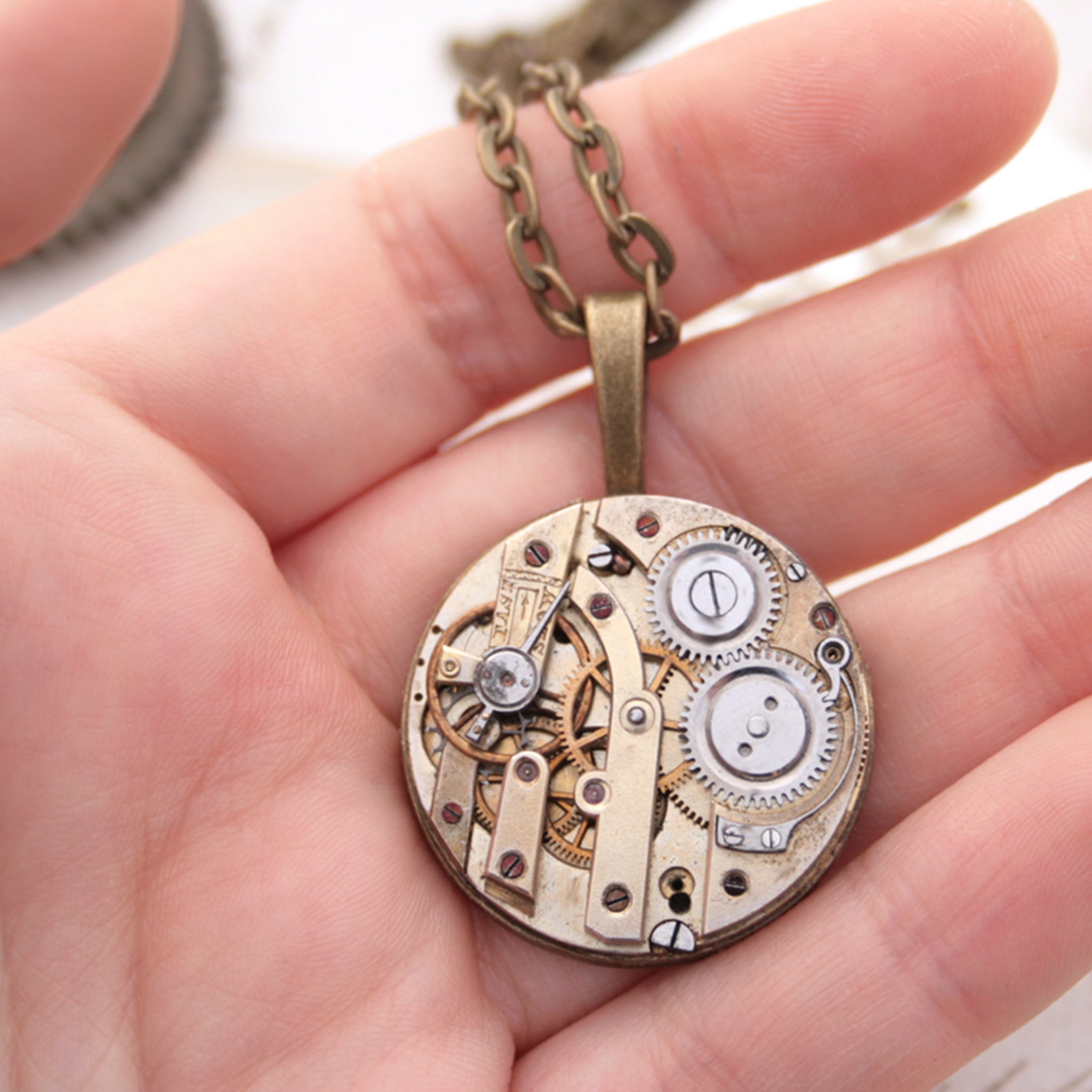 Unique Pendant Necklace with Watch Mechanism in Steampunk Style