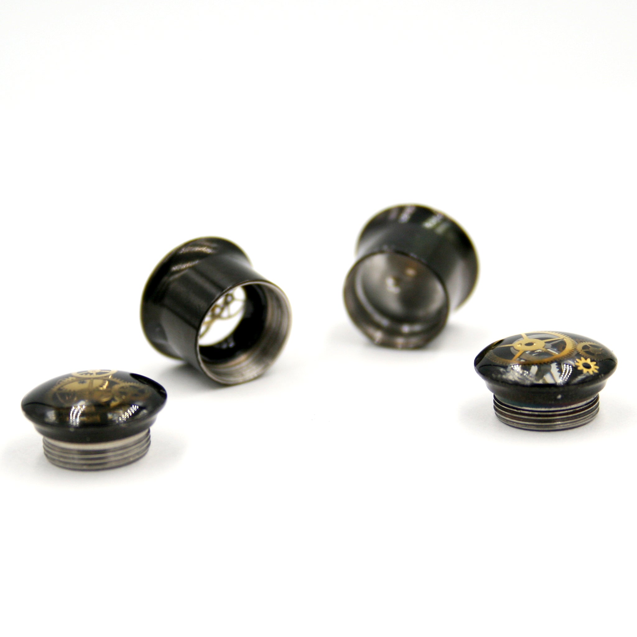 14mm screw back black ear gauges in steampunk style