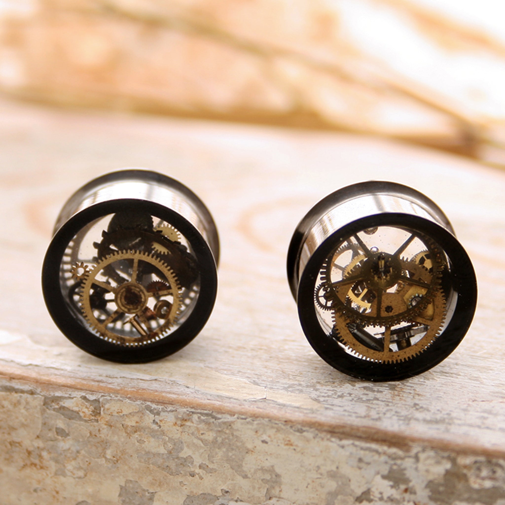 Cool 16mm double flare ear gauges in steampunk style
