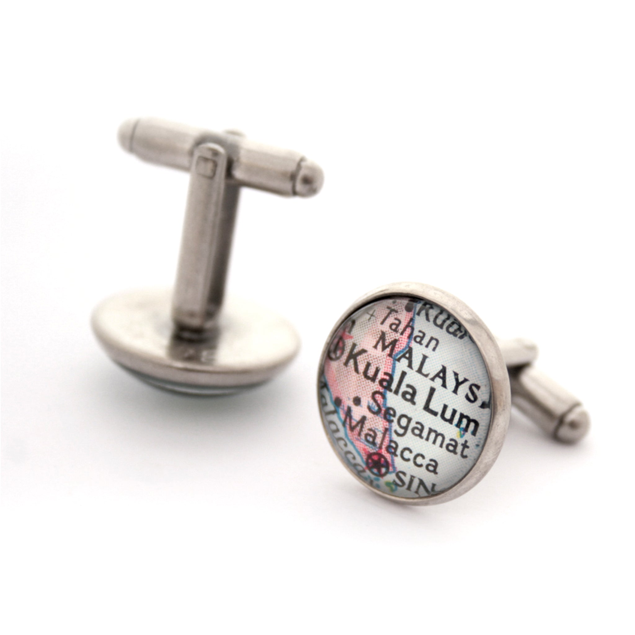 Personalised map cufflinks in antique silver colour featuring Kuala Lumpur