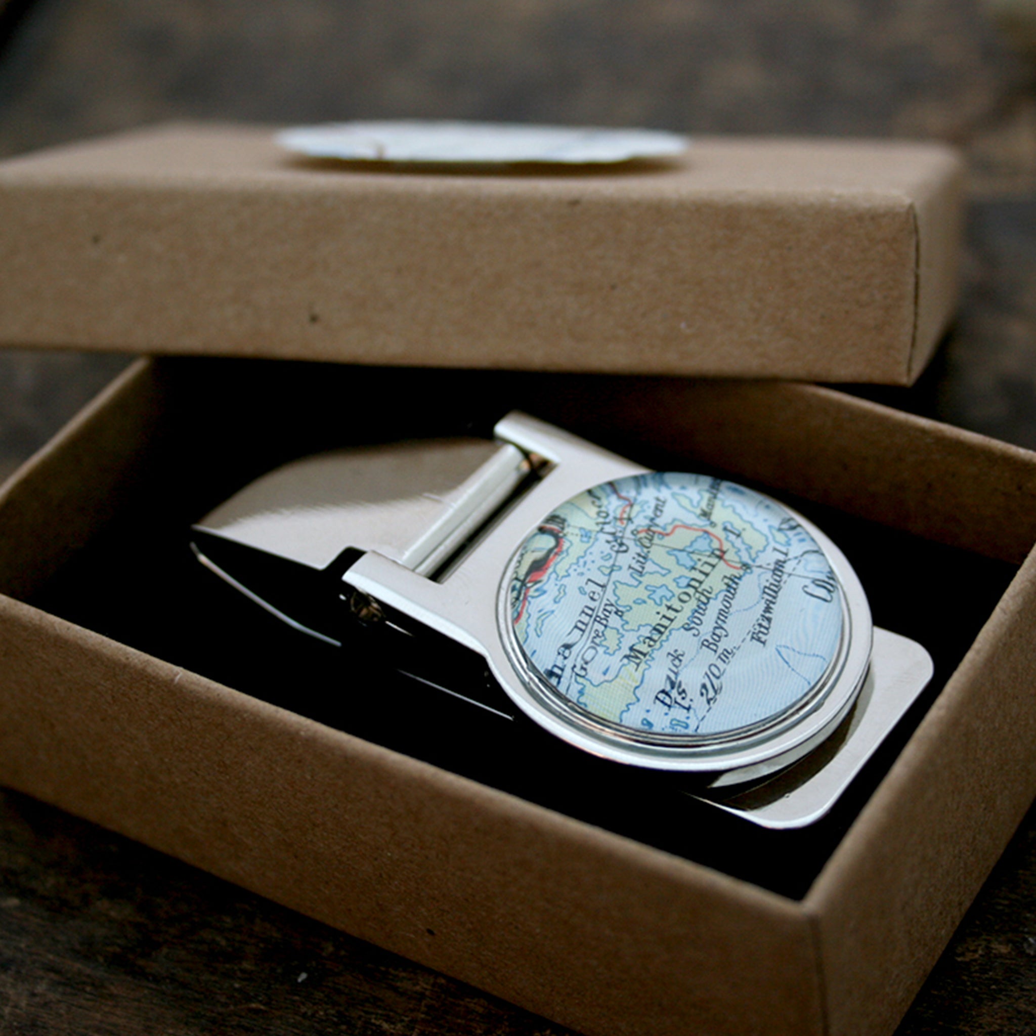 money clip personalised with geographical map in a box