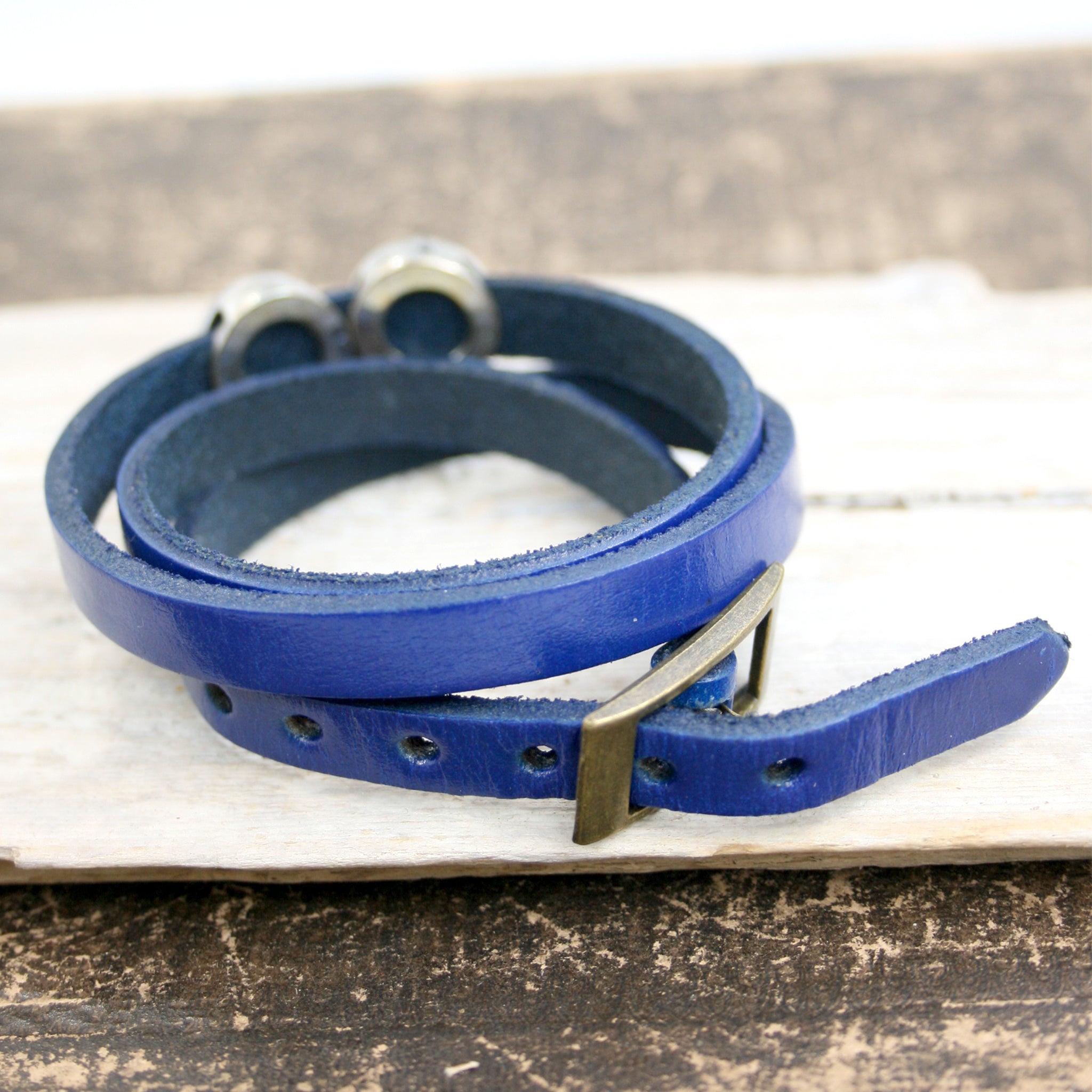 Blue Steampunk Leather Wrap Bracelet buckle