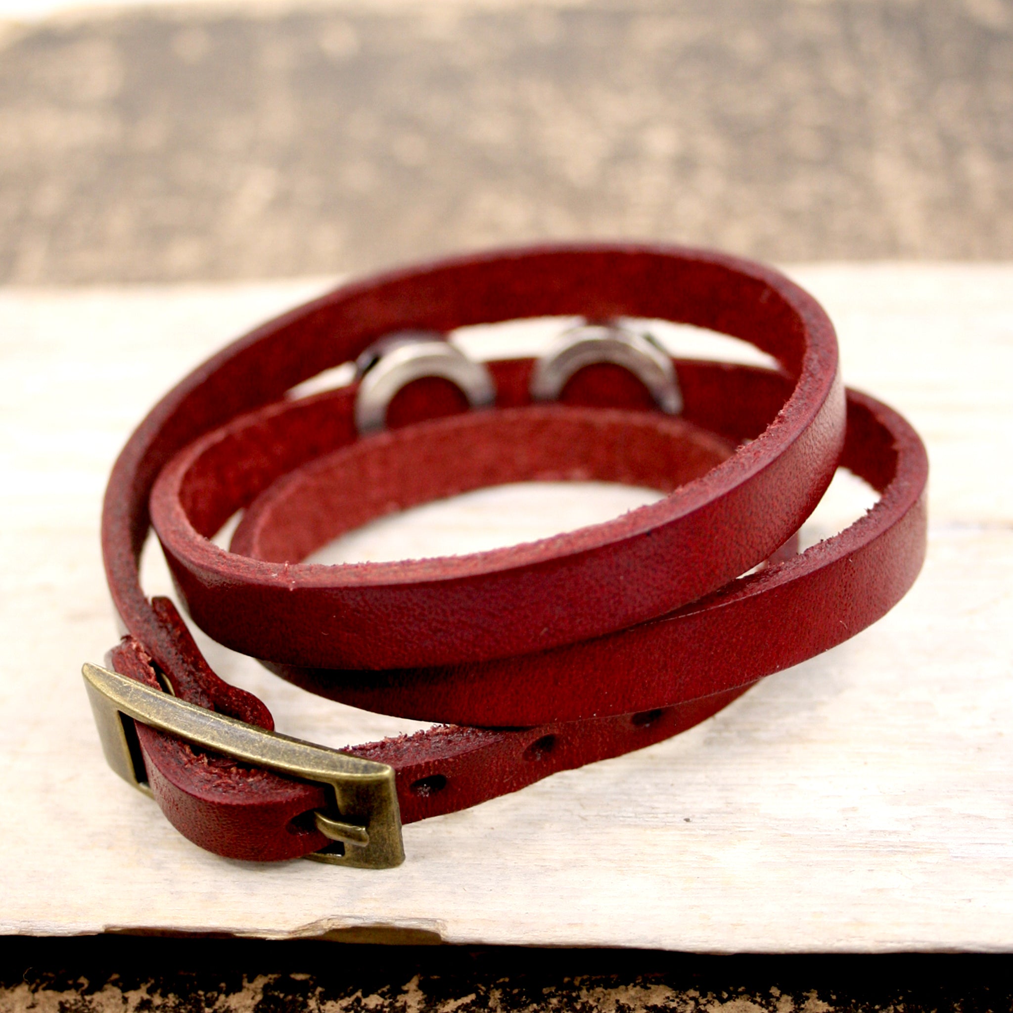 Crimson Red Steampunk Leather Wrap Bracelet with black beads