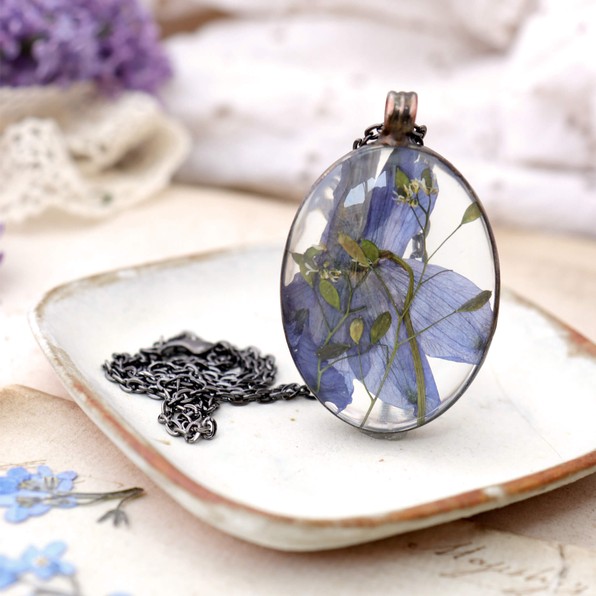 Pressed Flower Jewelry Locket Flower Blue Pressed Flowers Necklace