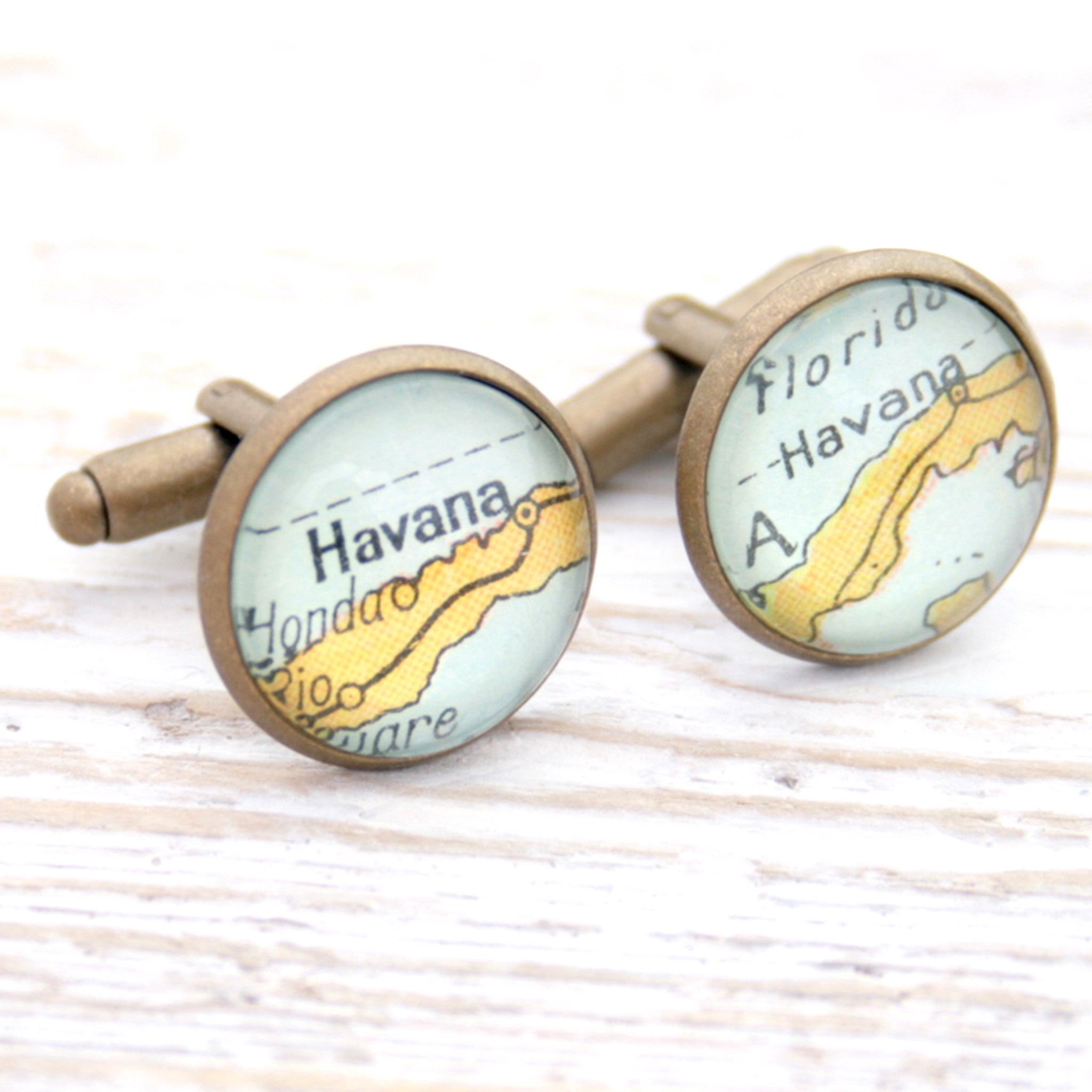 Personalised map cufflinks in antique bronze color featuring maps of Havana