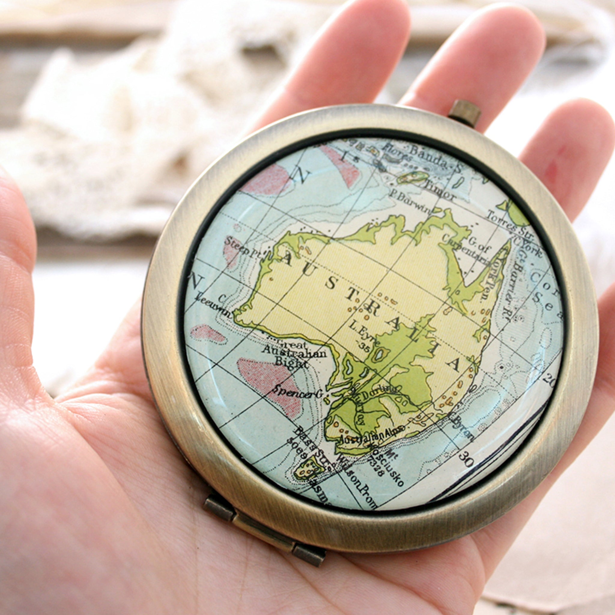 Hold in hand Personalised Compact Mirror in Antique Bronze color featuring map of Australia