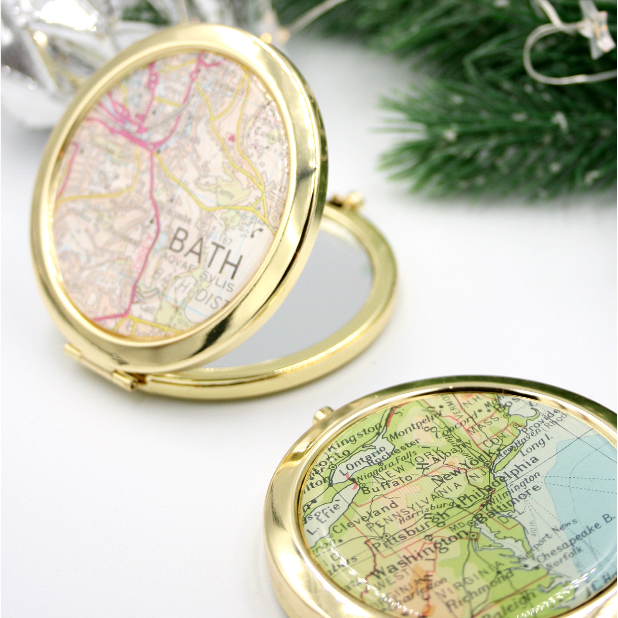 Personalised Compact Mirror in gold color featuring map of Bristol and New York