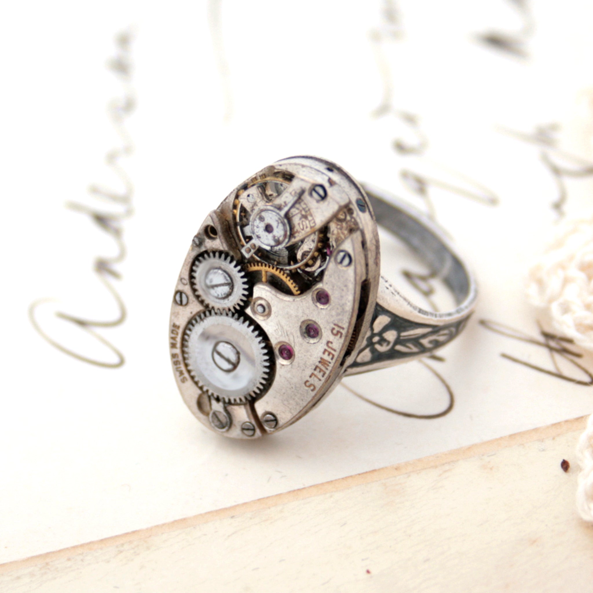 Oval Cocktail Ring with Steampunk Watch