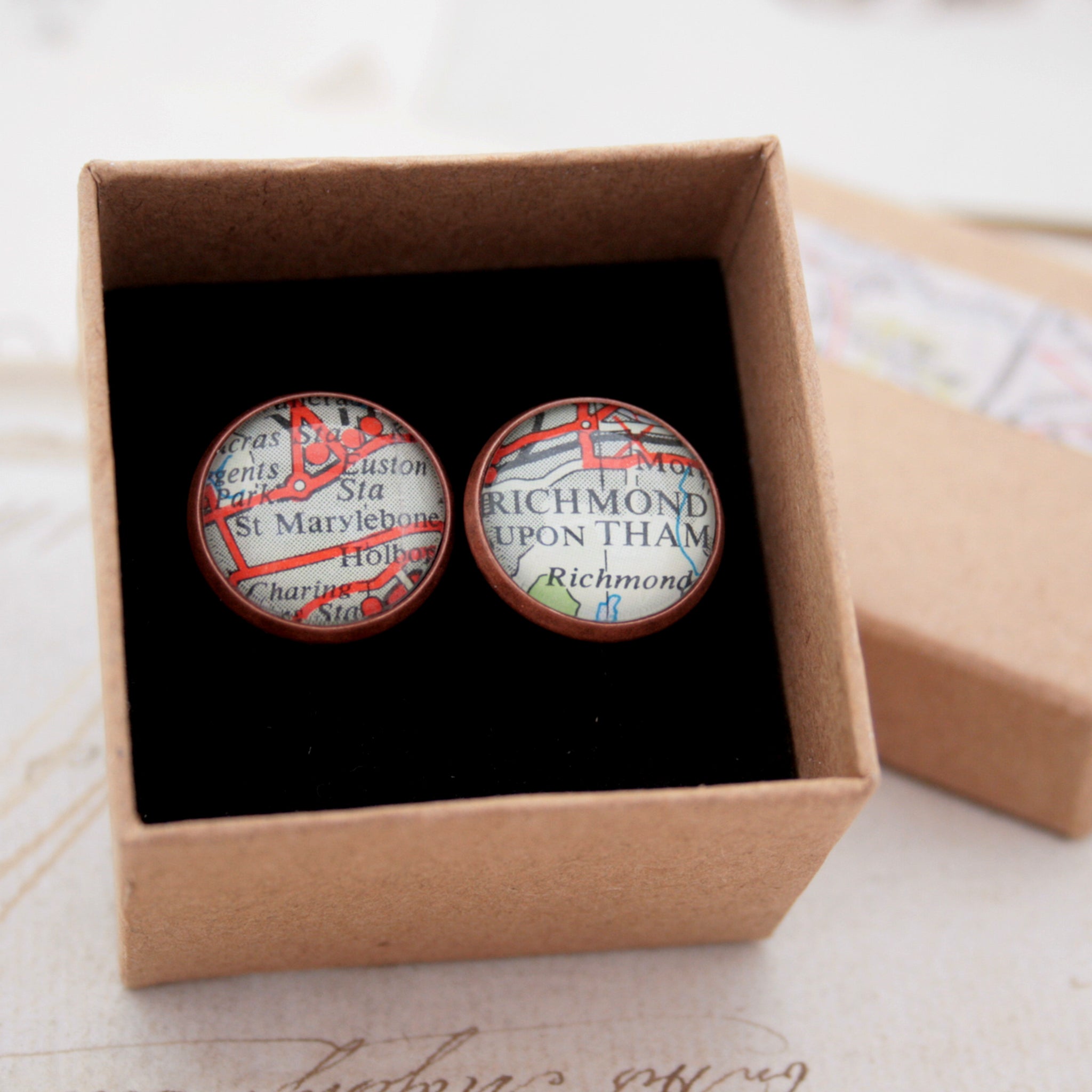 cufflinks personalised with map locations in antique copper finish in a box