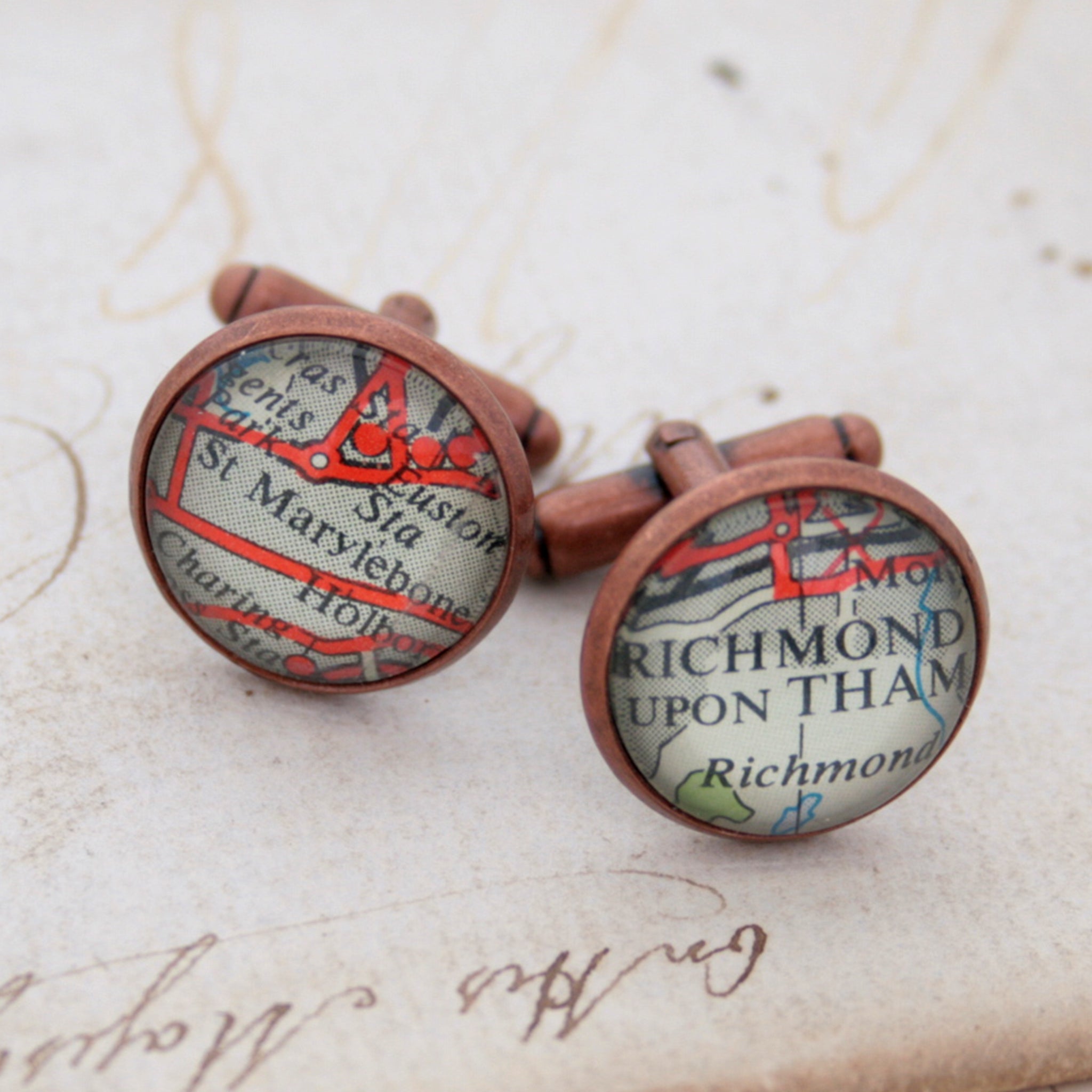 cufflinks personalised with map locations in antique copper finish