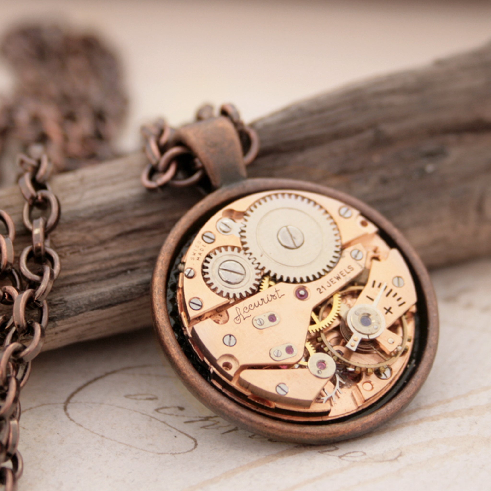Copper Pendant Necklace in Steampunk Style with Watch Mechanism