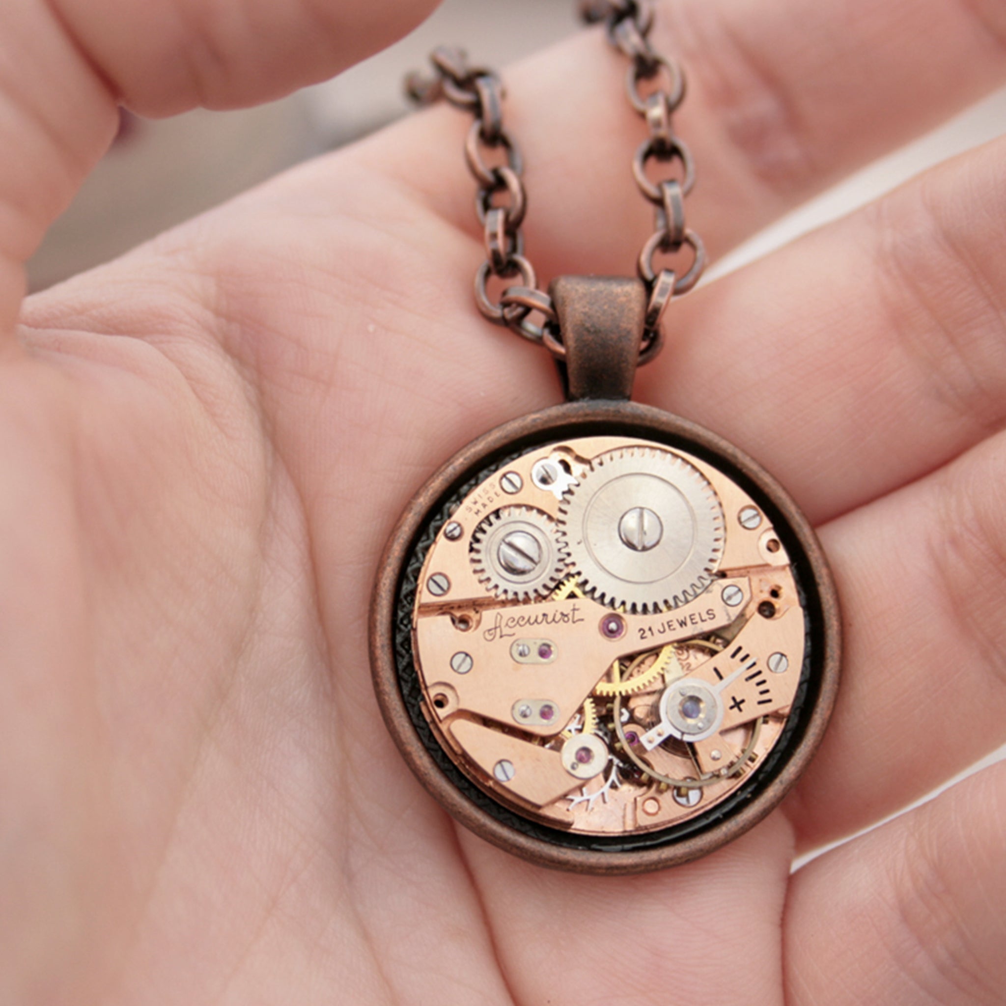 Copper Pendant Necklace in Steampunk Style with Watch Mechanism