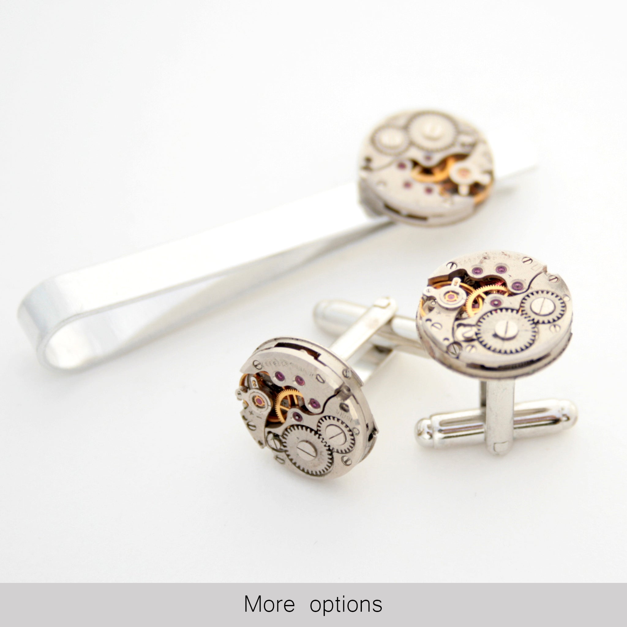 Tie Clip and Cufflinks Set featuring antique watch movements in steampunk style
