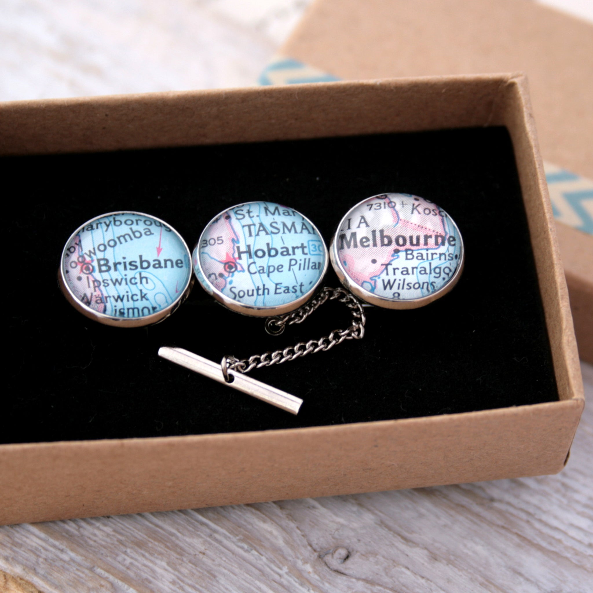 Personalised Map Cufflinks and Tie Tack in silver featuring Hobart, Brisbane and Melbourne in a box