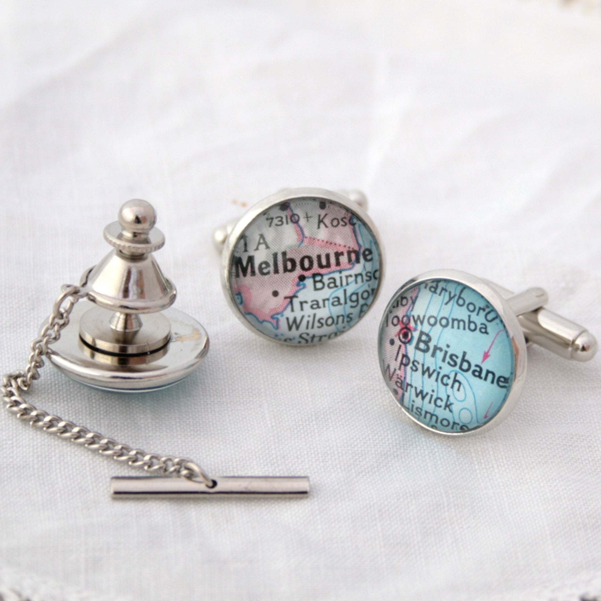 Personalised Map Cufflinks and Tie Tack in silver colour featuring Hobart, Brisbane and Melbourne