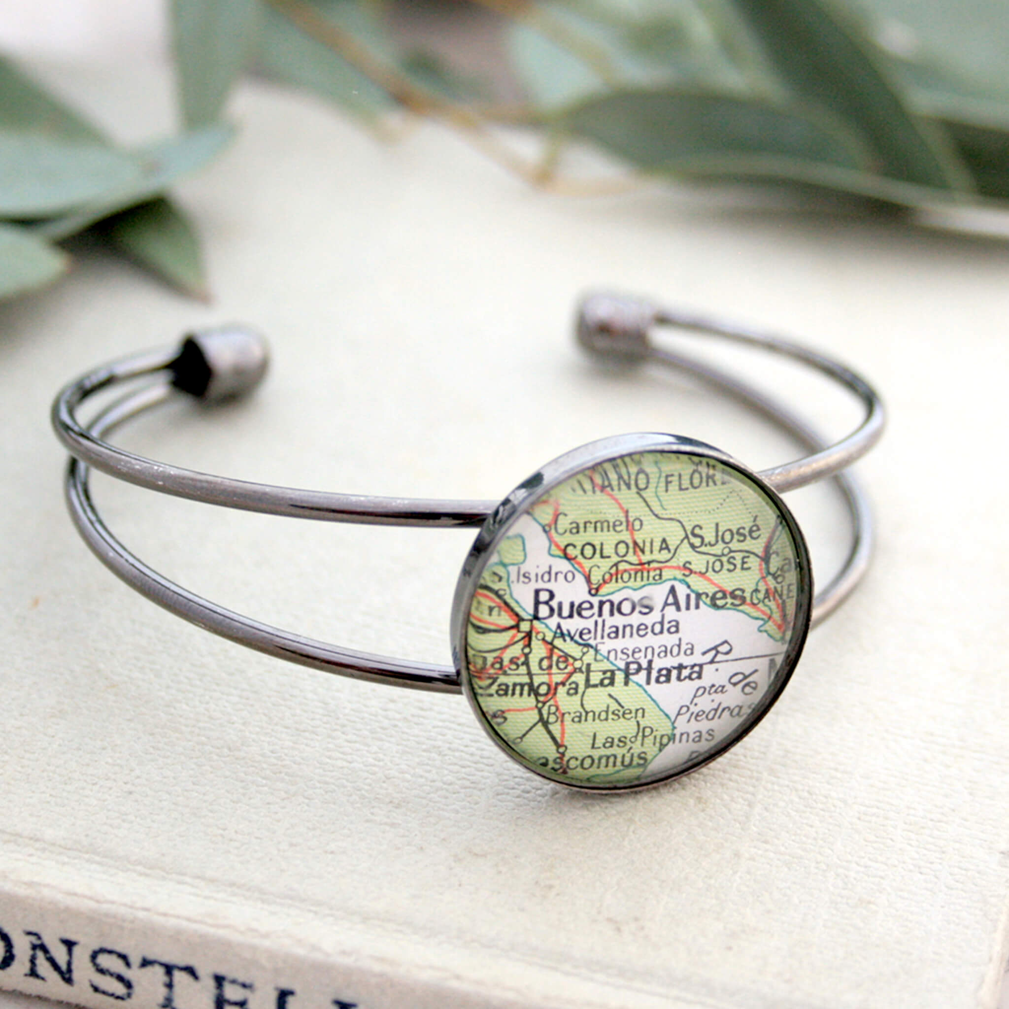 Gunmetal bangle bracelet with geographical map of Buenos Aires