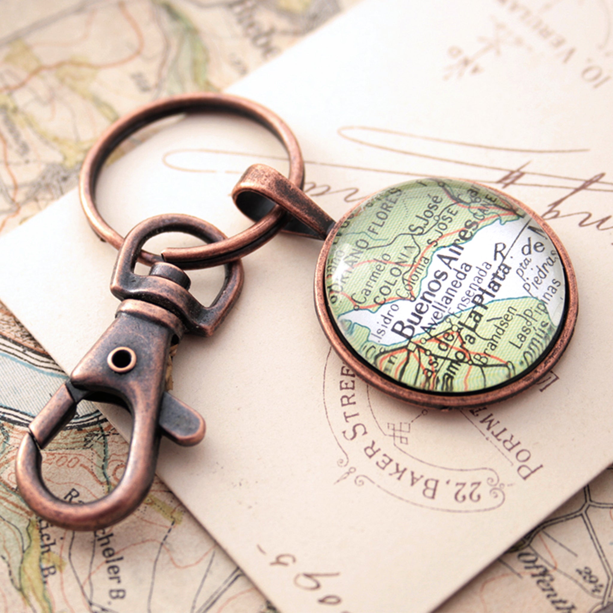 Copper keychain featuring map of Buenos Aires