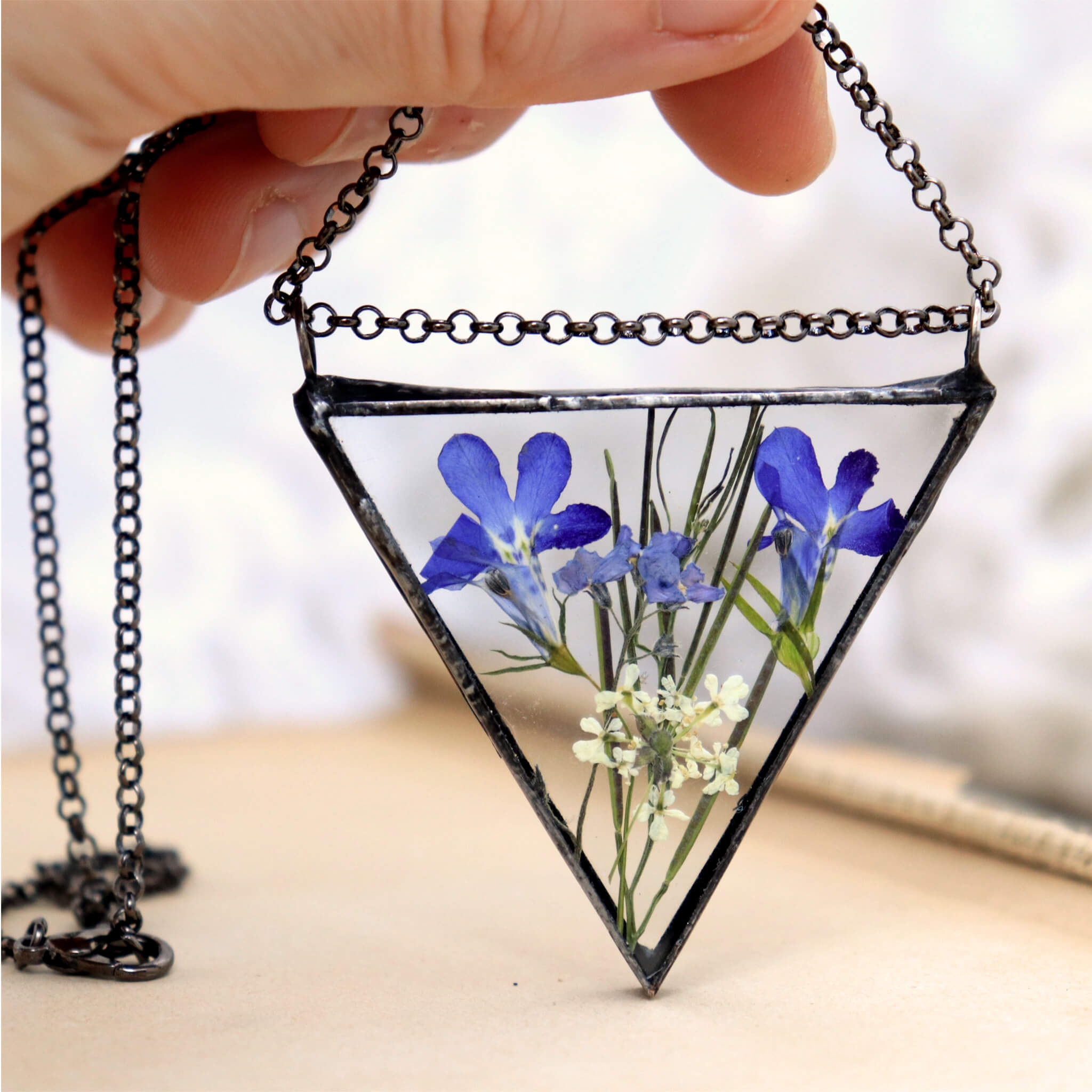 Triangular pressed lobelia flowers necklace