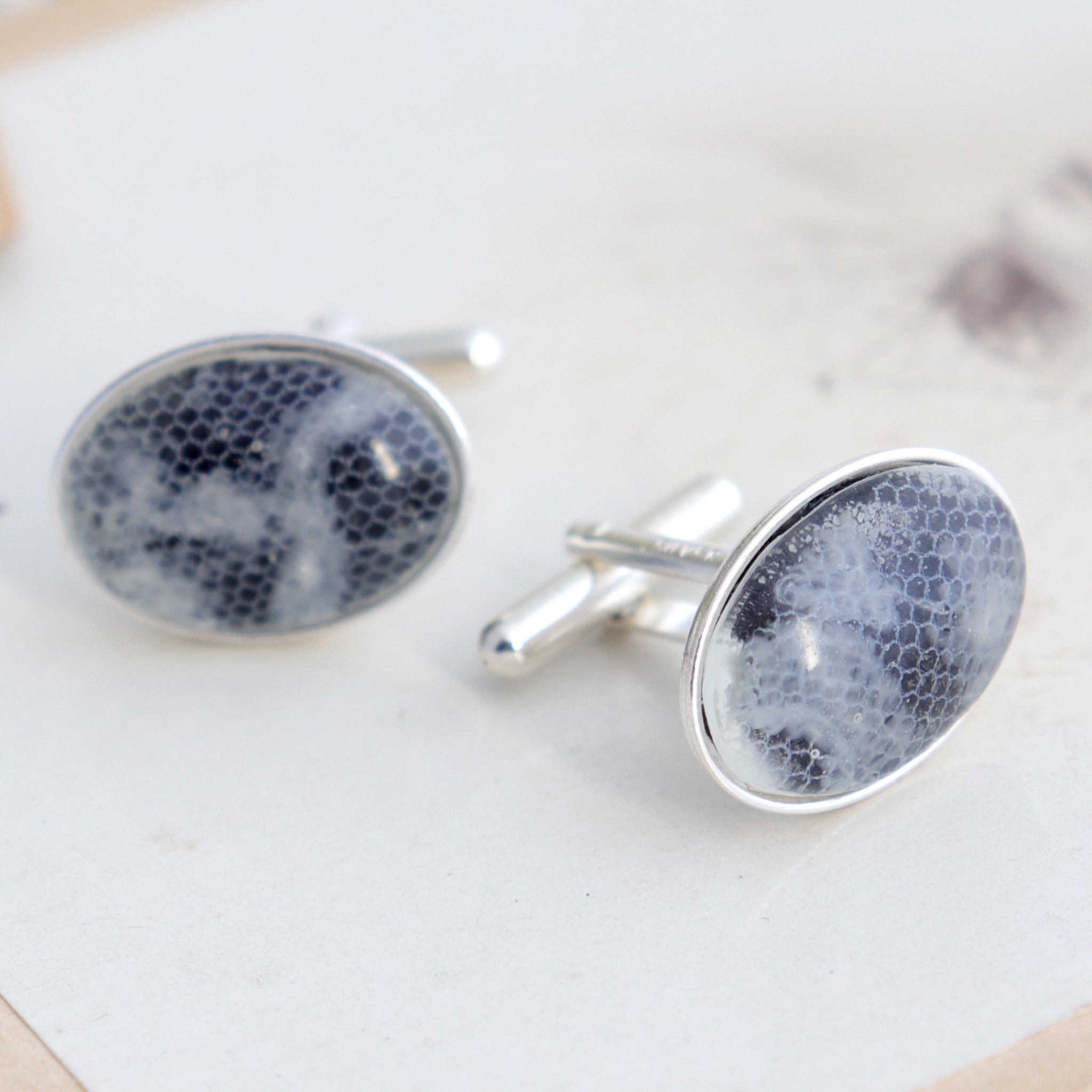 Sterling silver cufflinks with resin beads featuring lace from a bride's wedding dress
