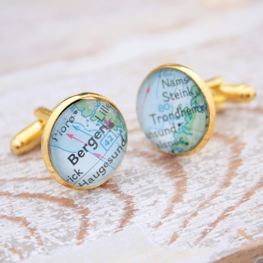 Personalised map cufflinks in gold color featuring maps of Bergen and Trondheim