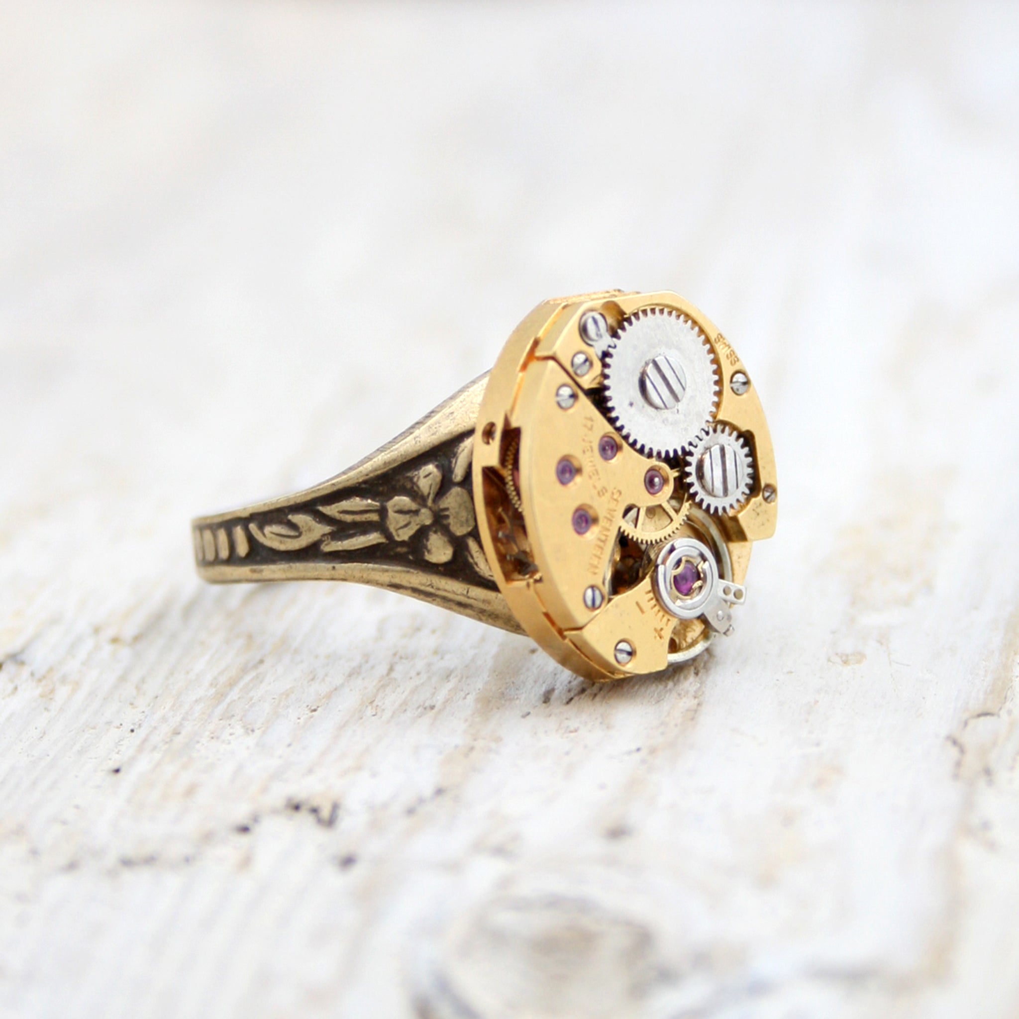 Gold Signet Pinky Ring in steampunk style made of watch inside