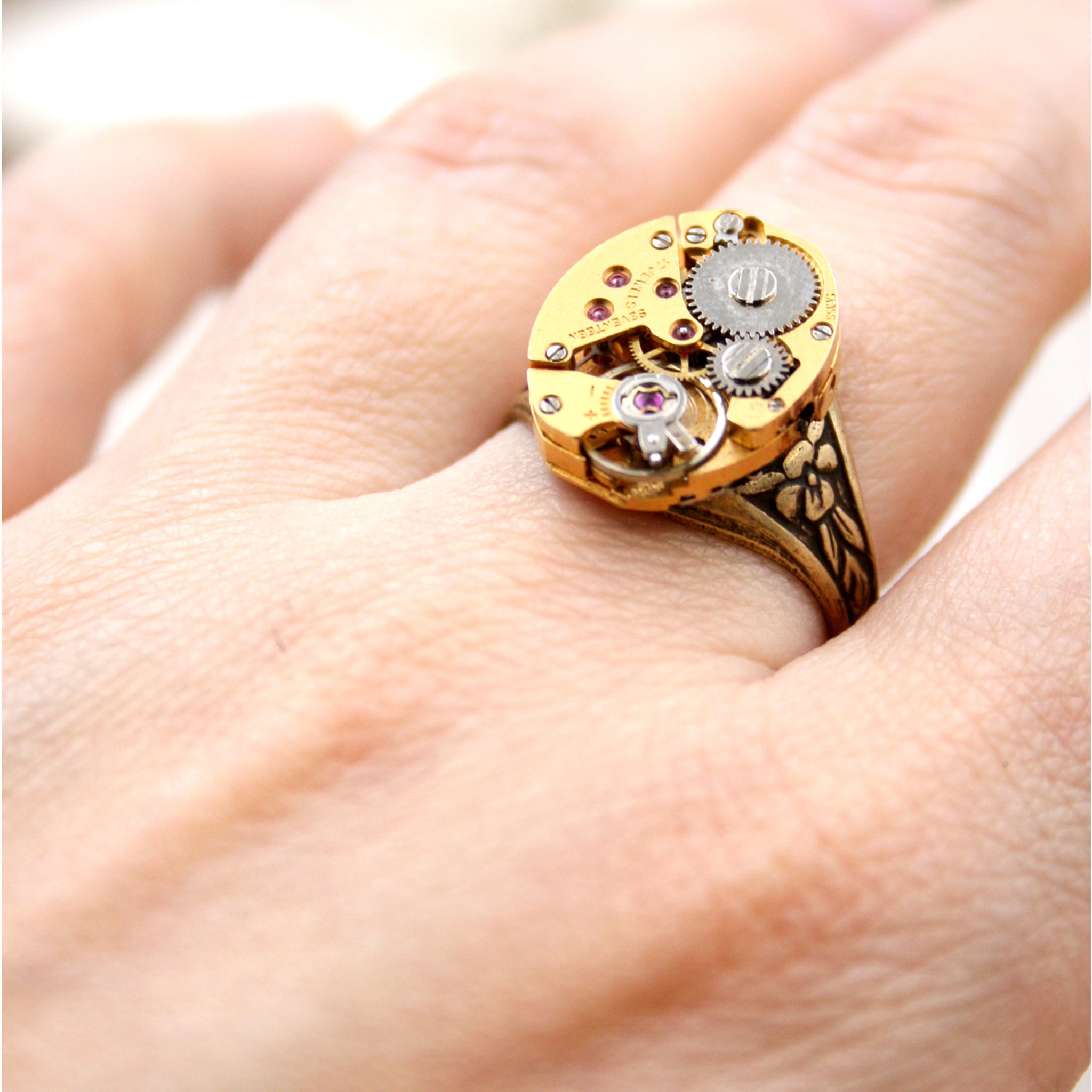 Gold Signet Pinky Ring in steampunk style made of watch inside