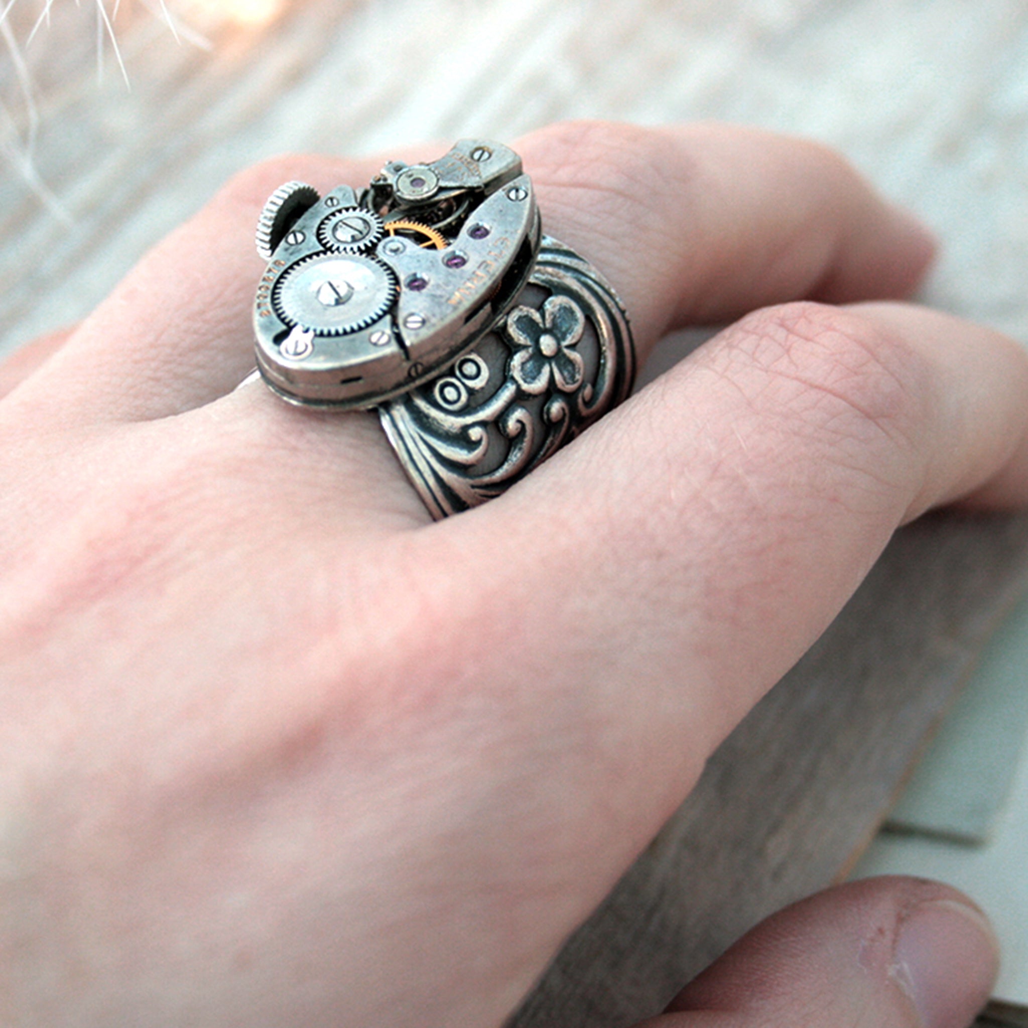 Gothic Ring with Floral Maxi Band on hand