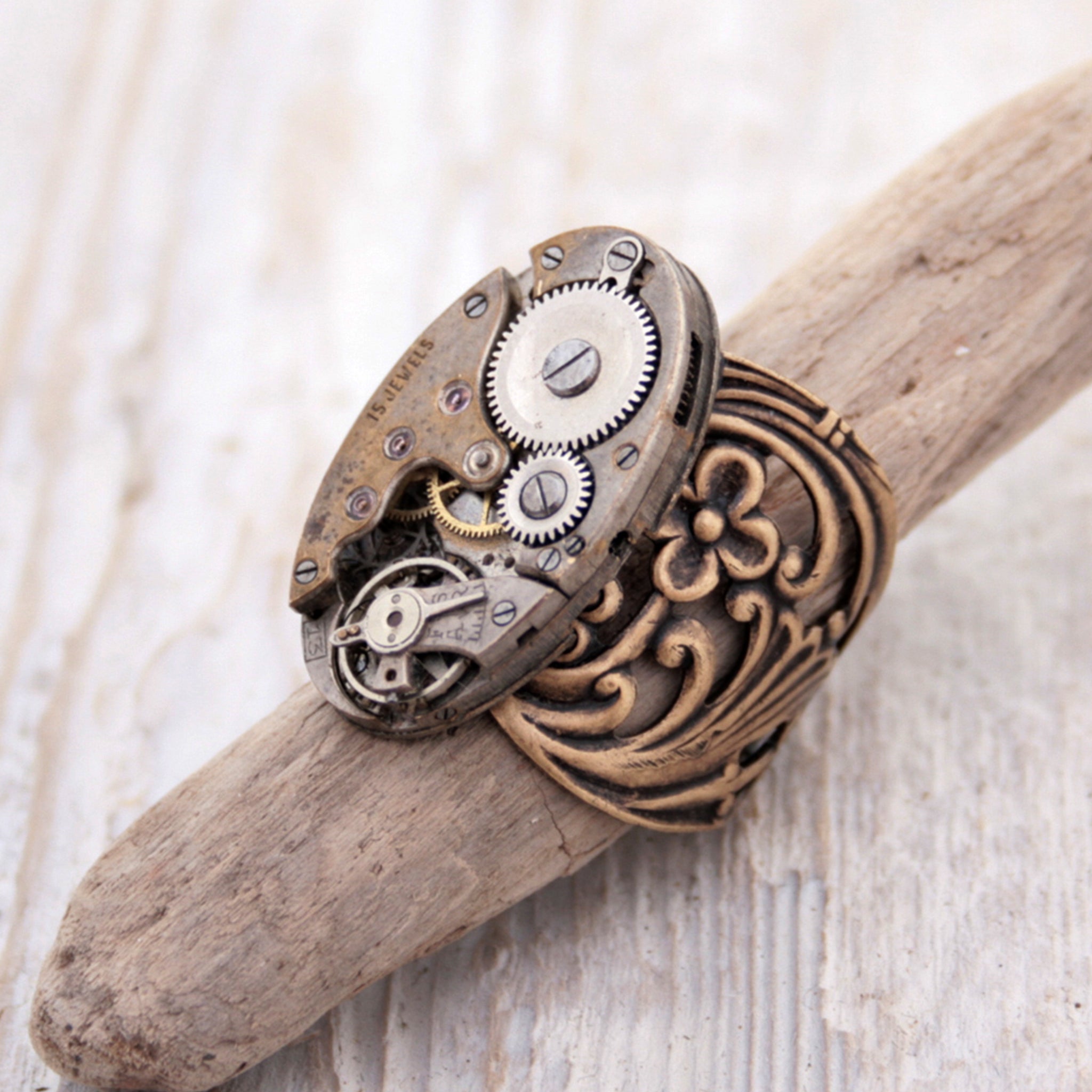 Gothic Ring with Bronze Floral Maxi Band