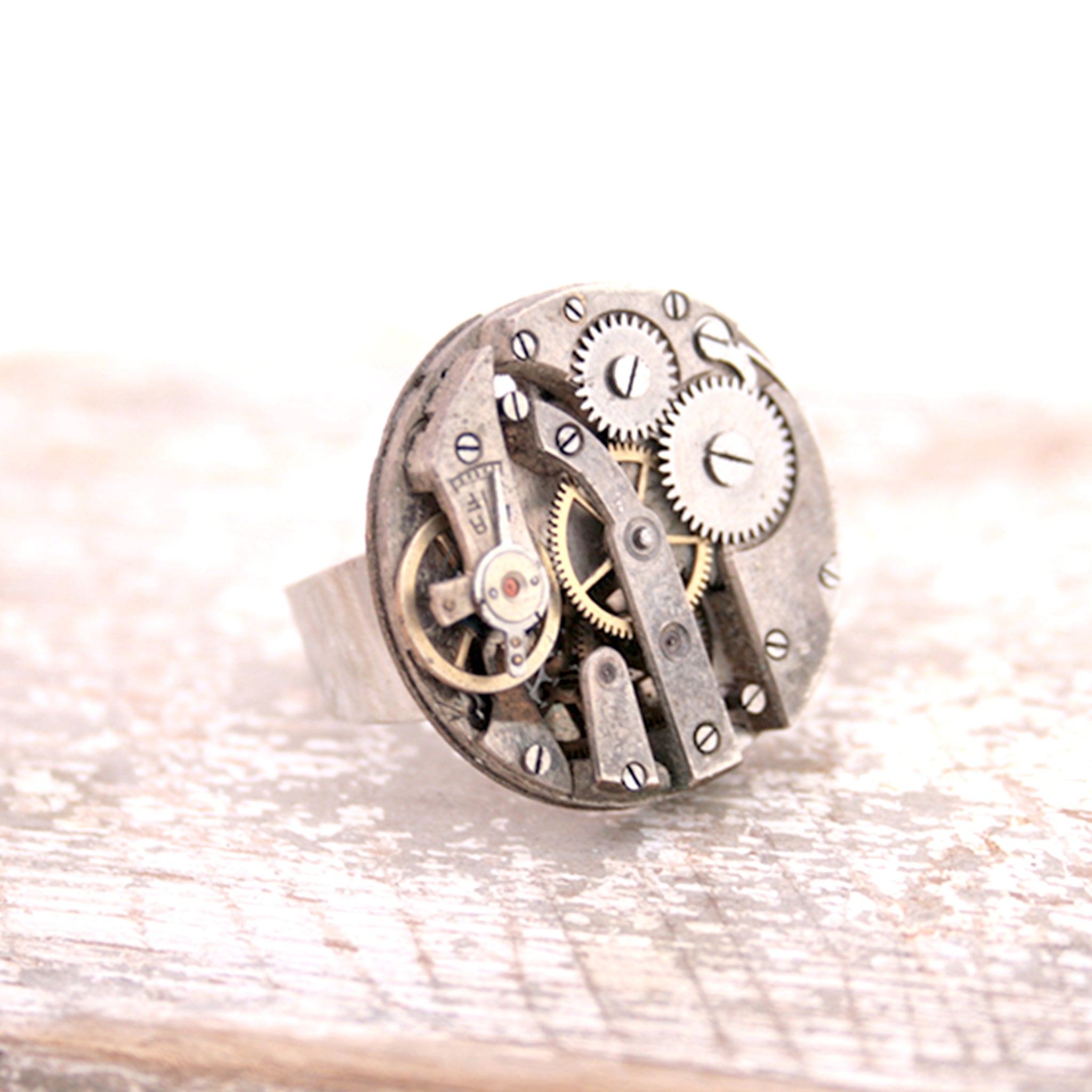 Gothic Ring in Old Silver made of watch mechanism