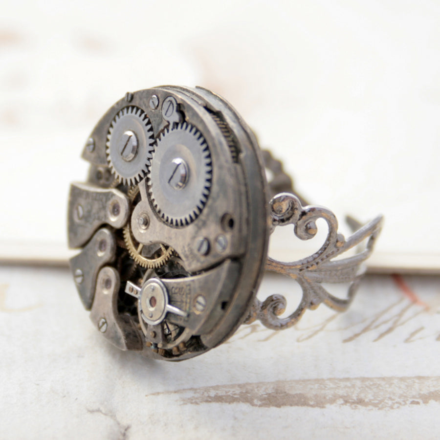 Gothic Ring with Watch Work on a hand