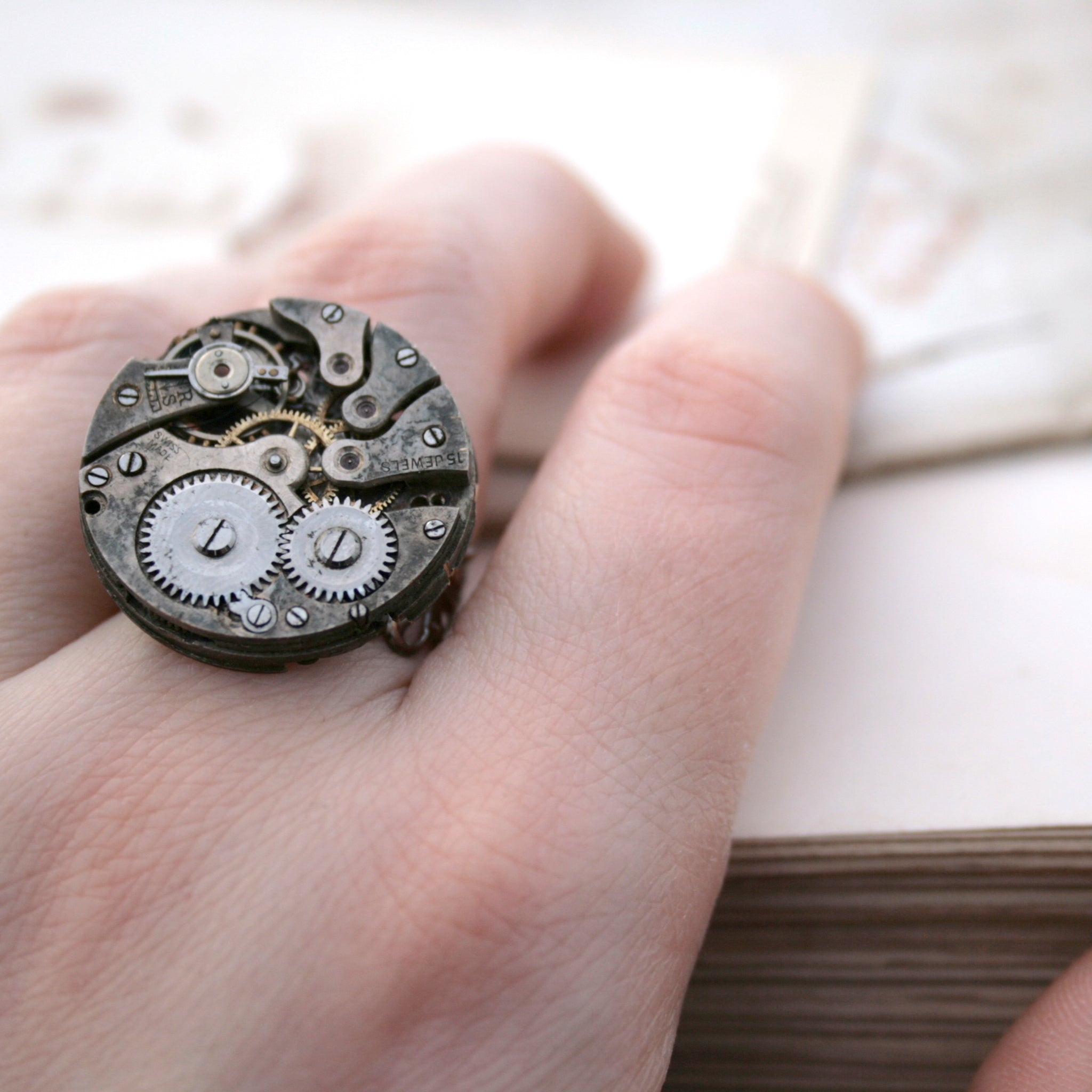 Gothic Ring with Watch Work on a hand