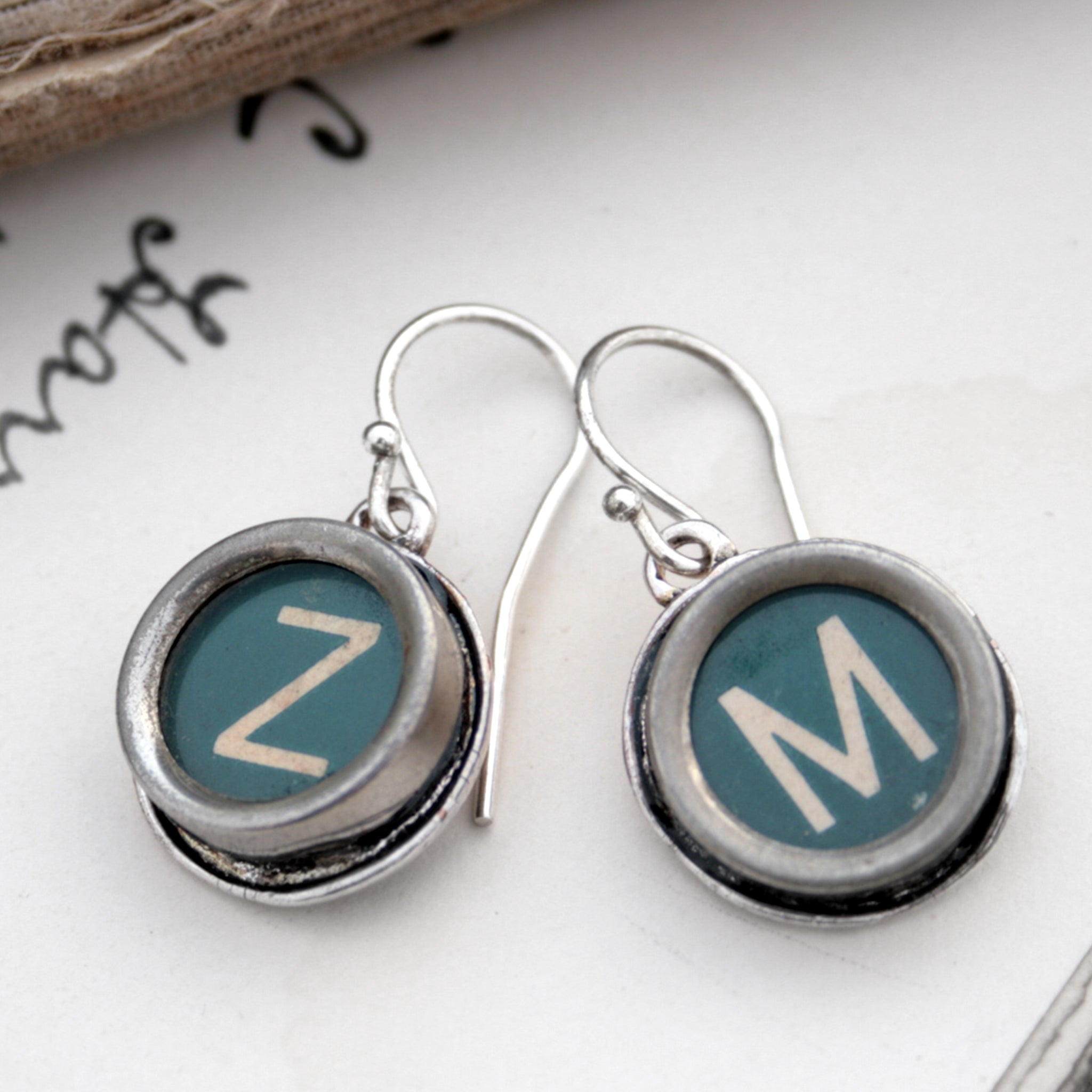  initial earrings made of authentic vintage typewriter keys Z and M in green color