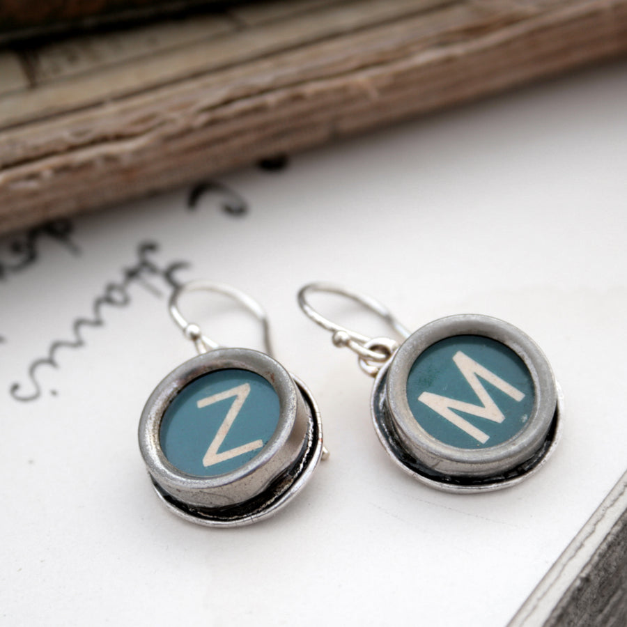  initial earrings made of authentic vintage typewriter keys Z and M in green color