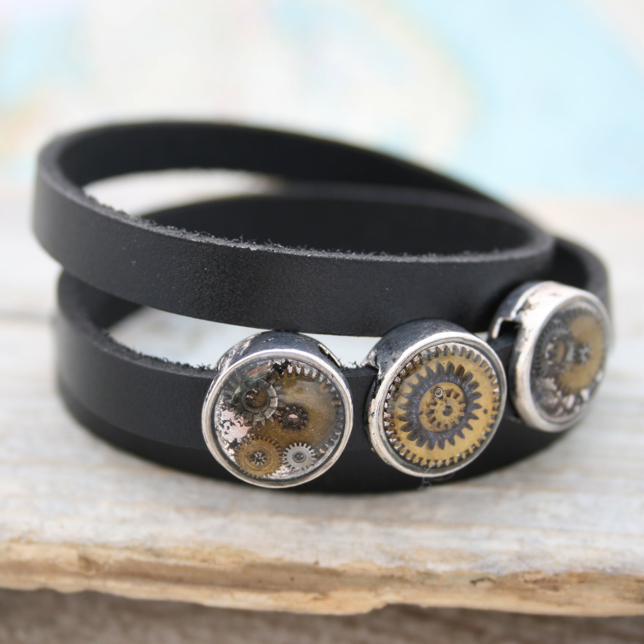 Black mens leather bracelet with silver steampunk slider beads