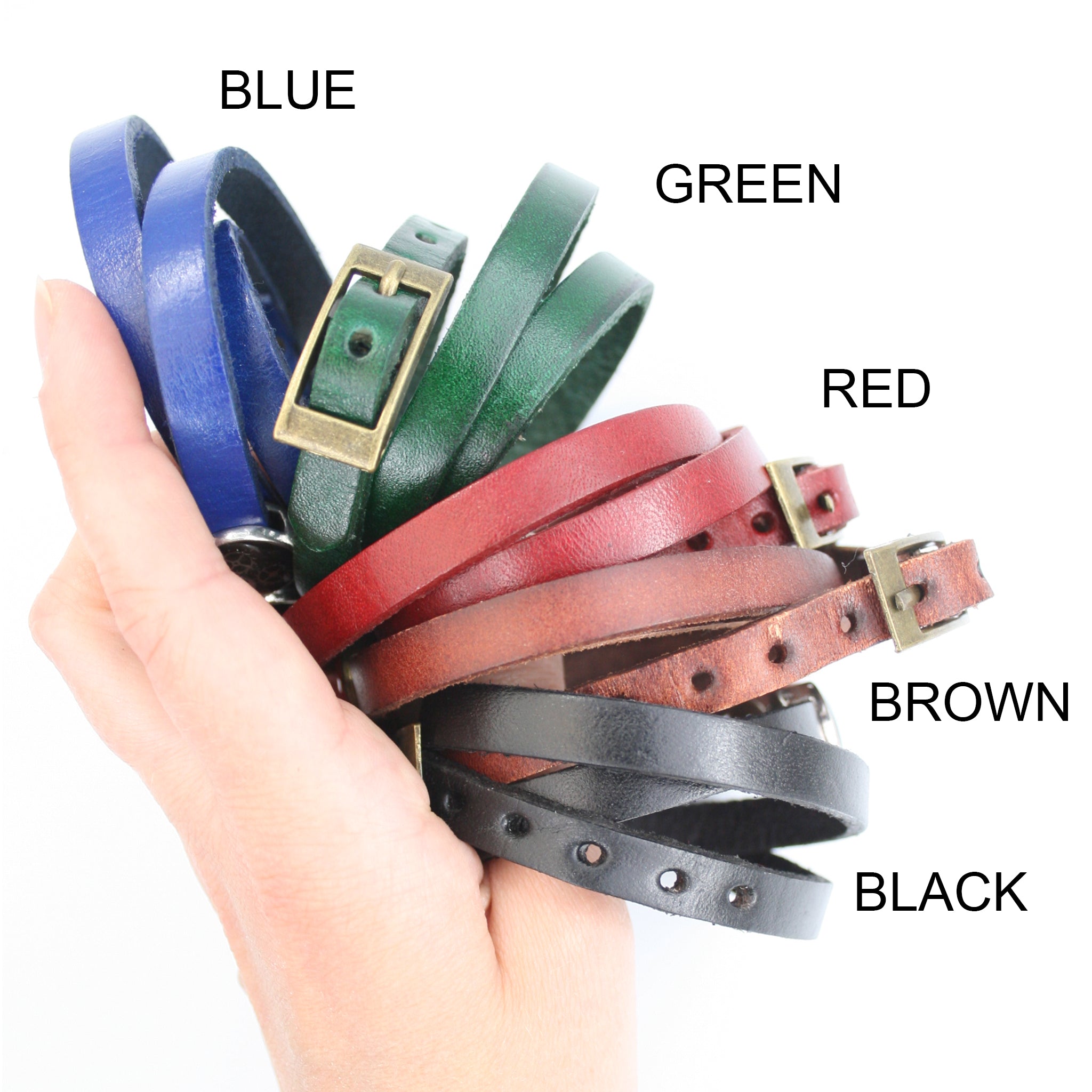 Blue, green, red, brown and black leather wrap bracelets