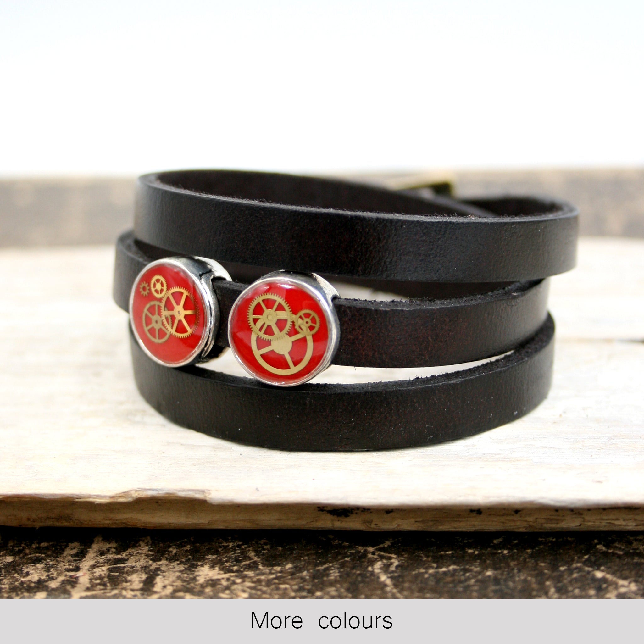 Steampunk Mens Black Leather Bracelet with red slider beads and real watch parts