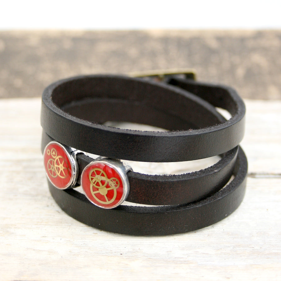 Steampunk Mens Black Leather Bracelet with red slider beads and real watch parts